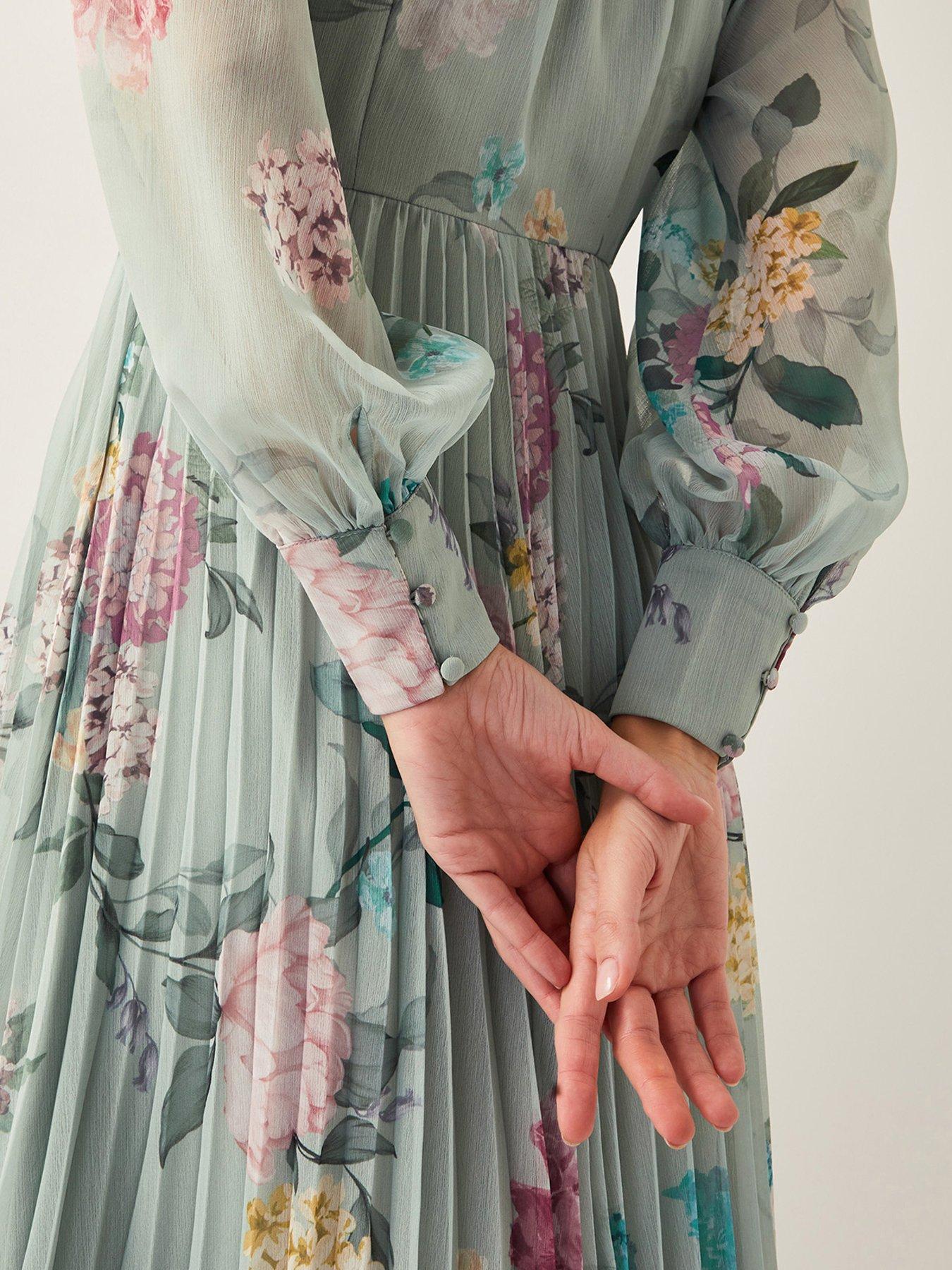 Monsoon Agnes Floral Tie Neck Pleated Midi Dress Sage Very