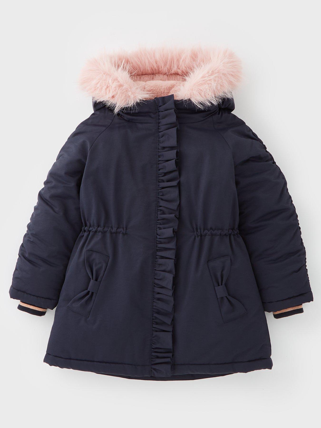 undefined Girls Fur Hooded Parka Coat - Navy