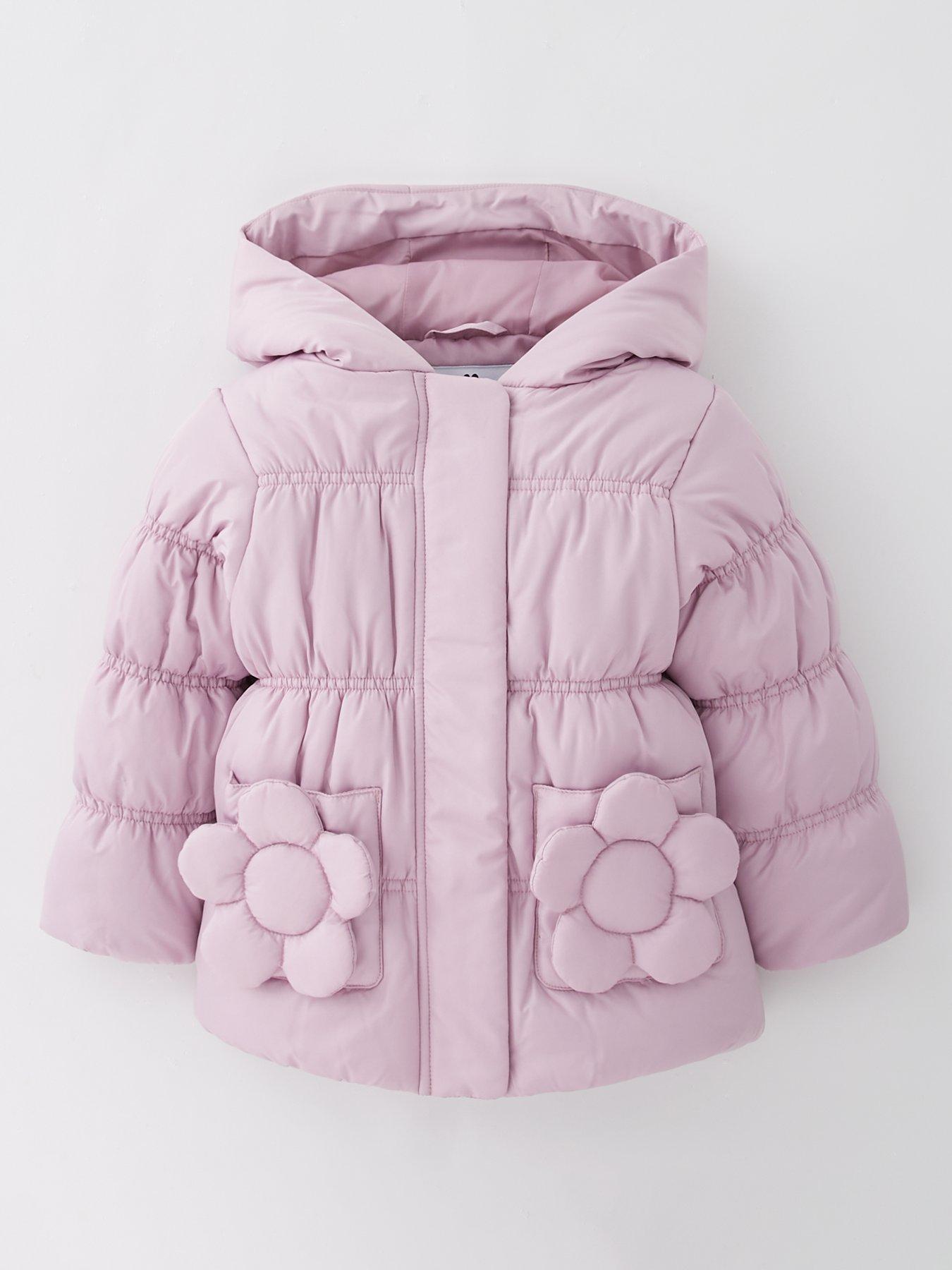 undefined Girls Hooded Padded Coat With Flower Pockets - Purple