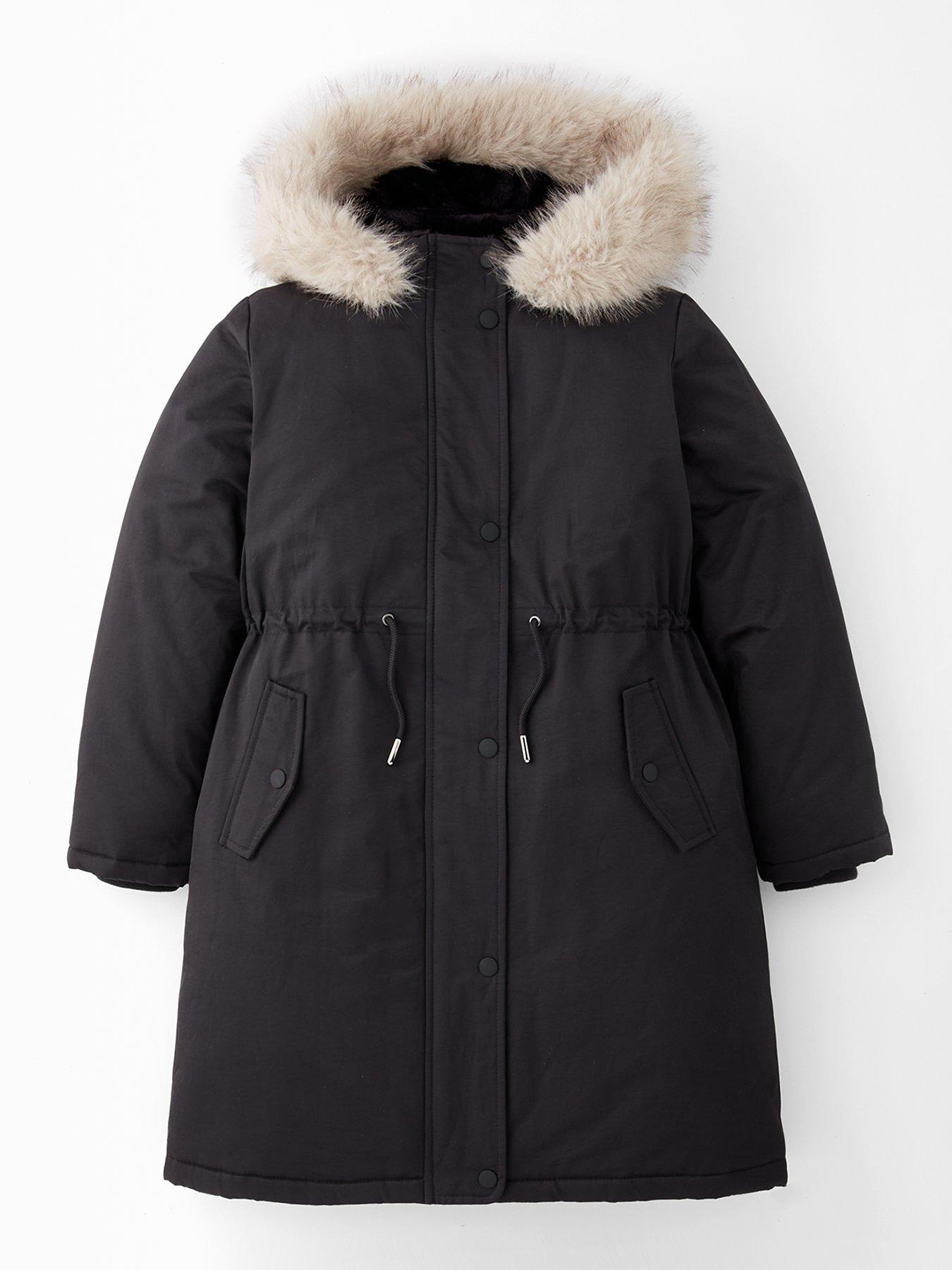 V by Very Girls Tie Waist Parka Shower Resistant Coat - Black