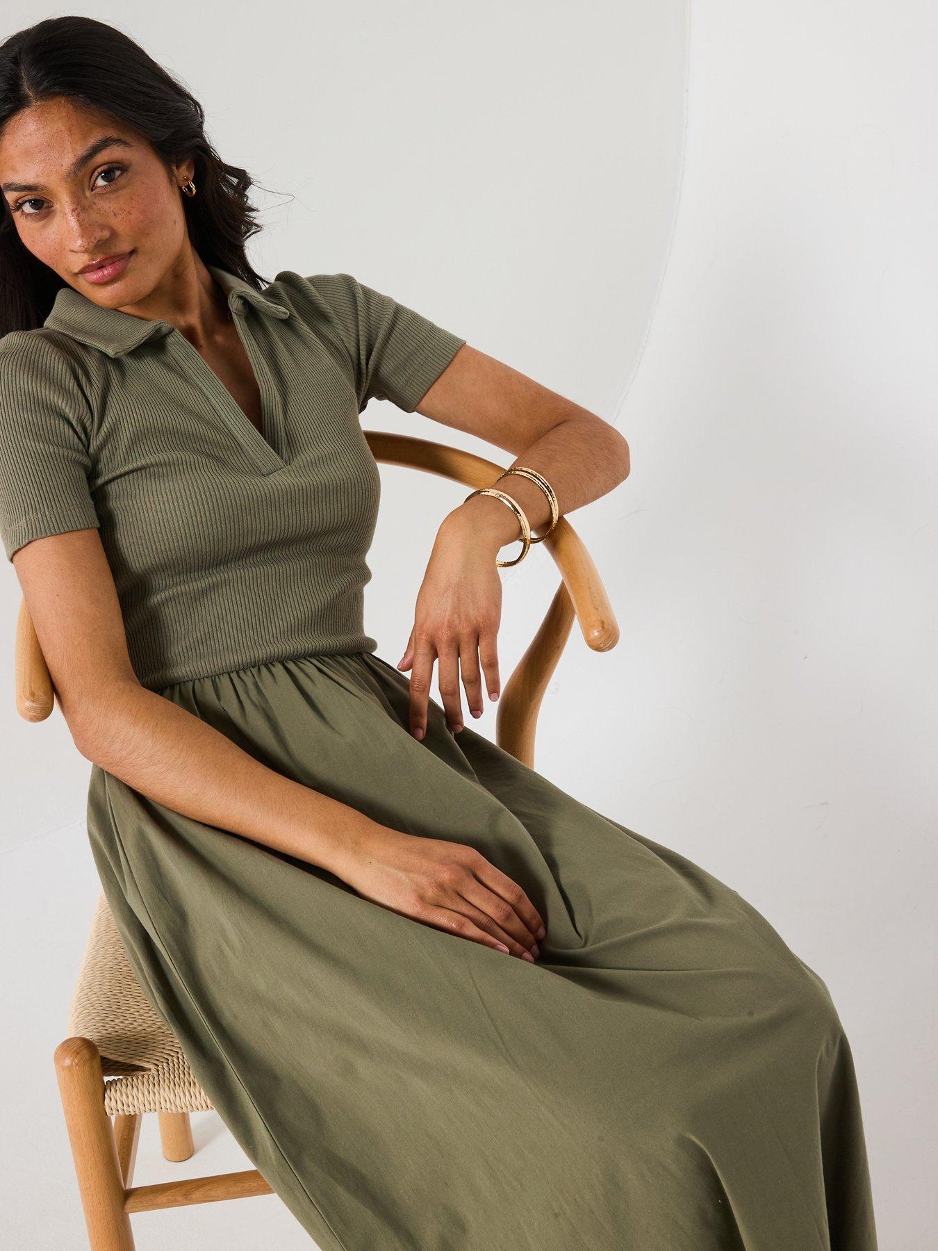 Image 6 of 6 of V by Very Collar Detail Woven Mix Midaxi Dress