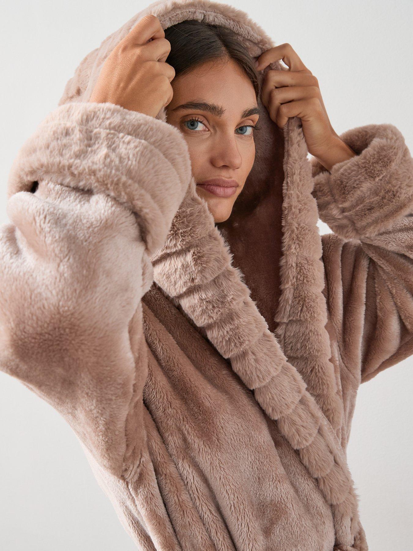 Image 5 of 6 of V by Very Plush Hooded Dressing Gown - Brown