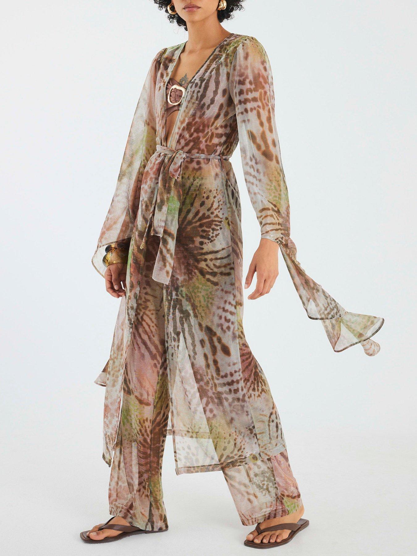 Image 3 of 5 of River Island Animal Print Plisse Kaftan - Khaki