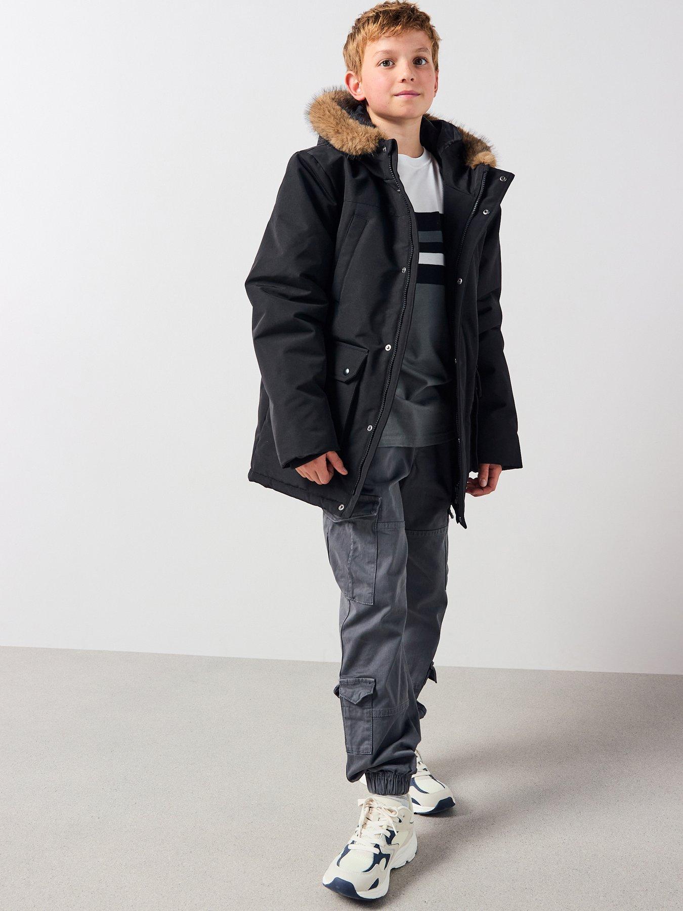 Image 1 of 6 of V by Very Boys Faux Fur Trim Hooded Parka - Black