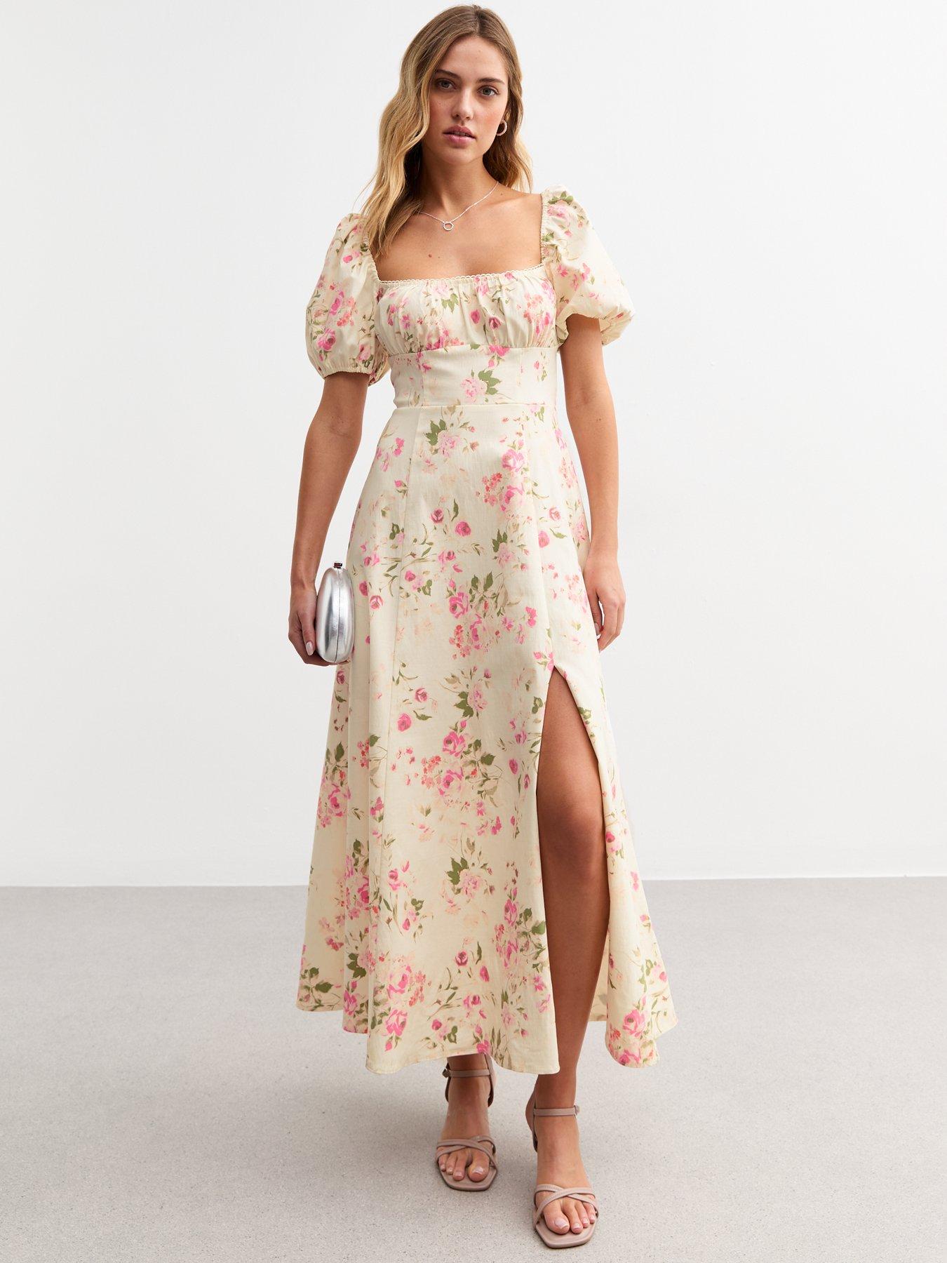 undefined Off White Floral Print Puff Sleeve Midi Dress - Cream