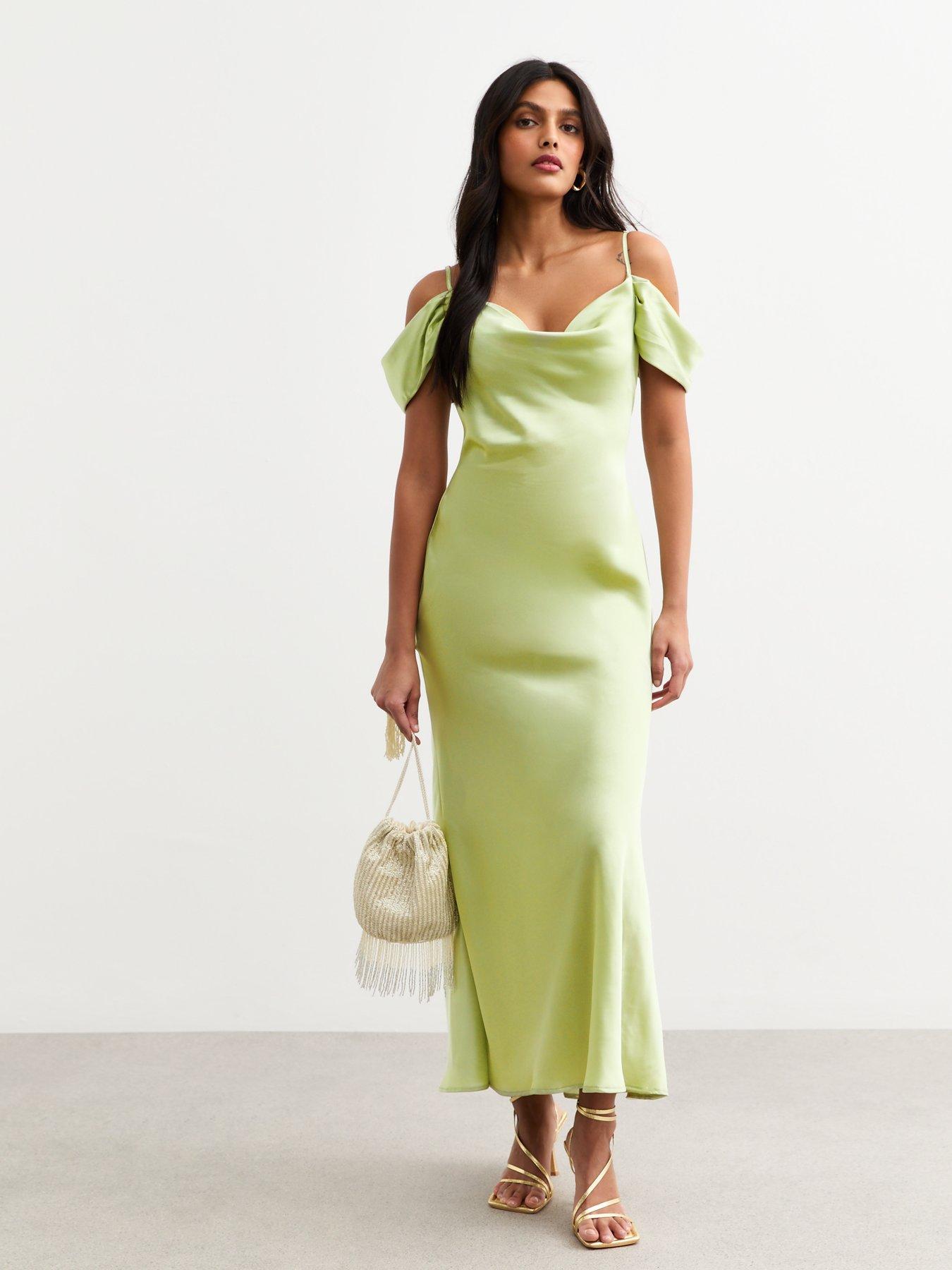 undefined Light Green Satin Bardot Midaxi Dress
