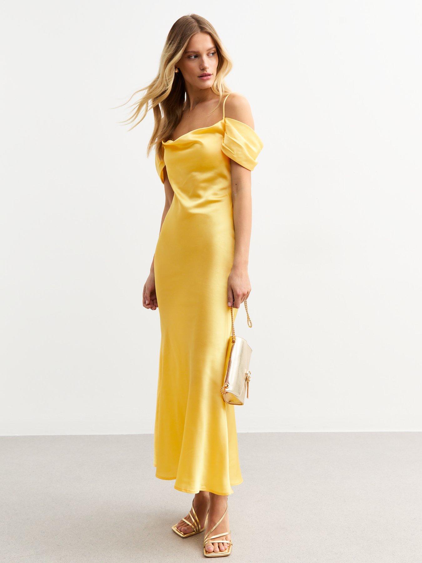 undefined Light Yellow Bardot Satin Maxi Dress
