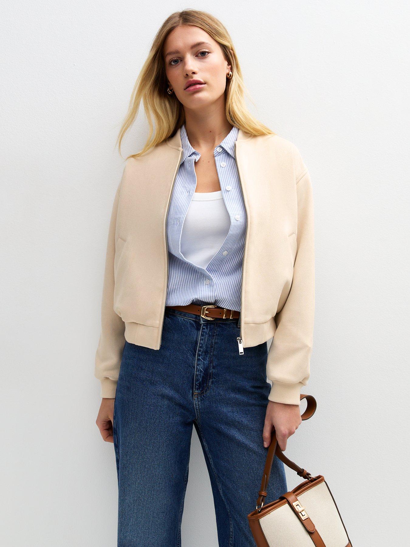 undefined Stone Faux Suede Bomber Jacket - Beige