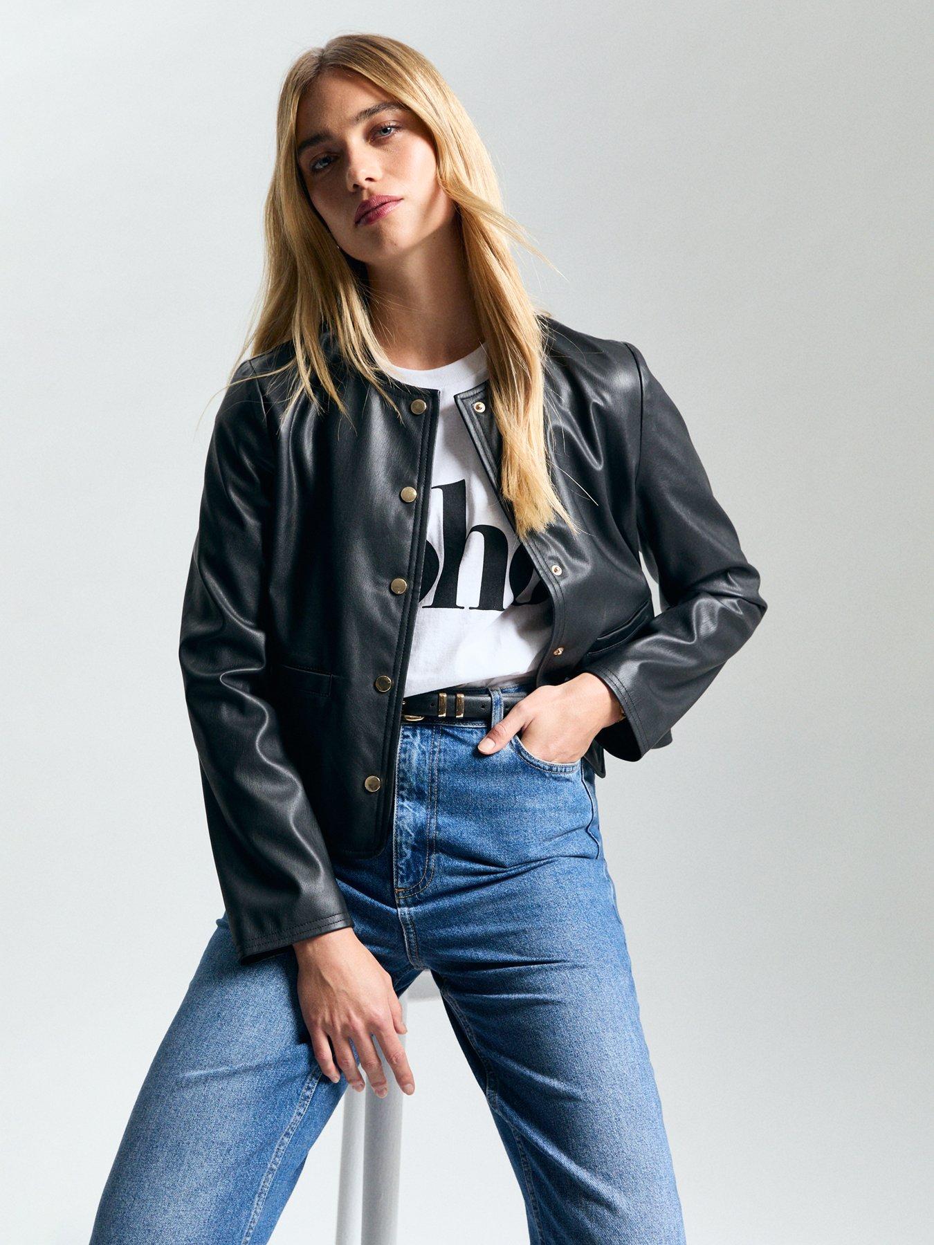 undefined Collarless Faux Leather Jacket - Black