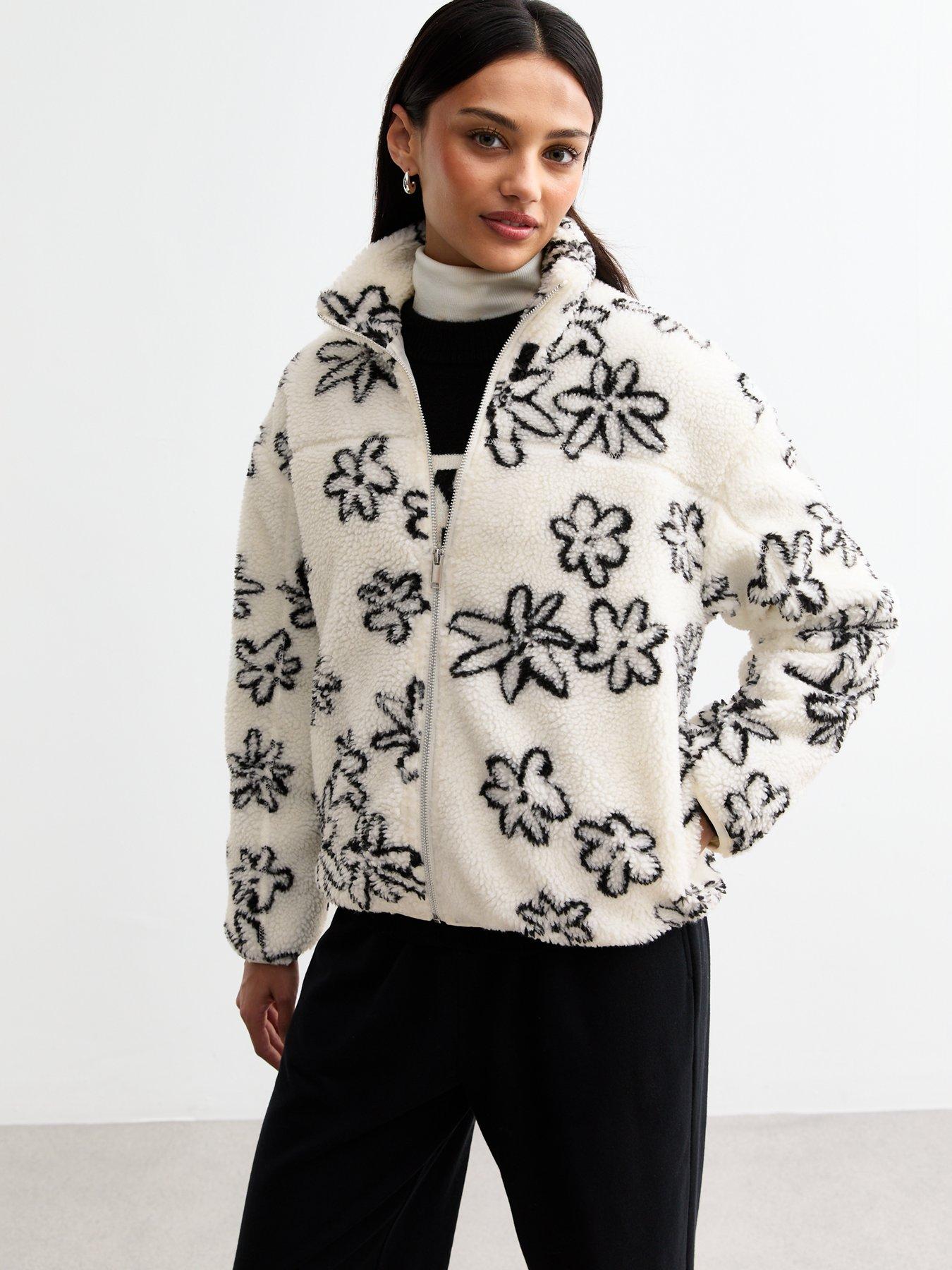 undefined White Daisy Print Borg Jacket