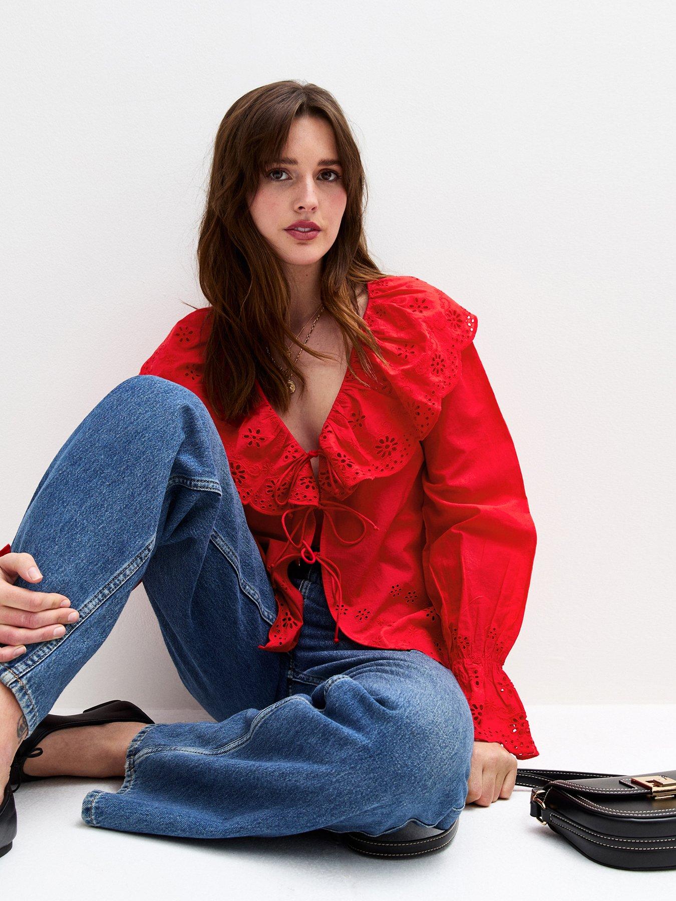 New Look K Benny Broderie Frill Tie Long Sleeve Blouse - Red