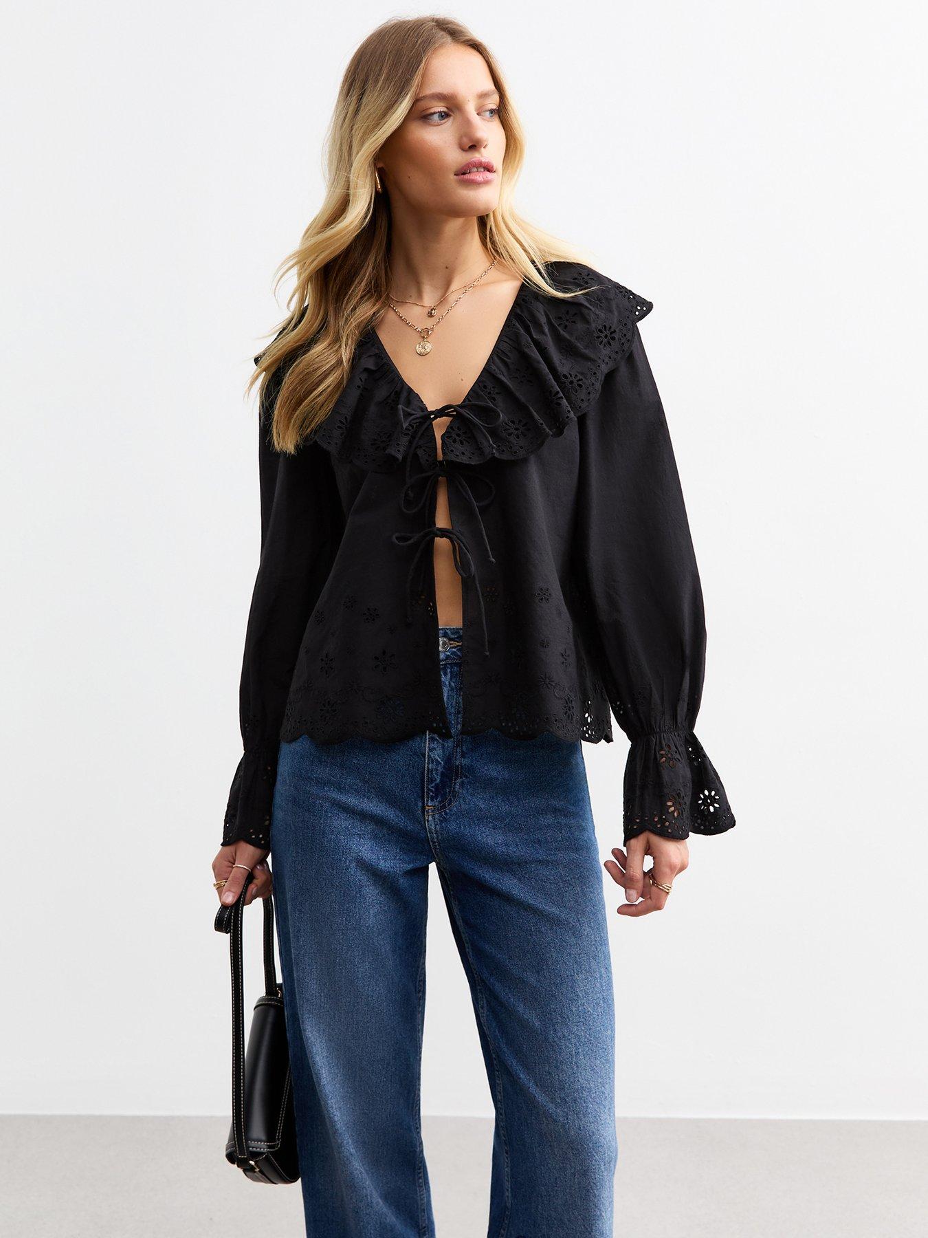 undefined Benny Broderie Frill Tie Long Sleeve Blouse - Black