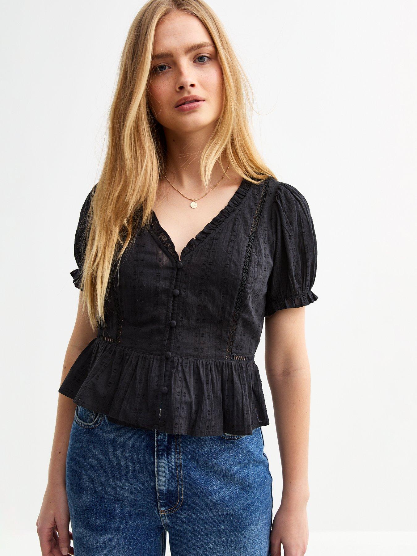undefined Dobby Button Tea Top - Black