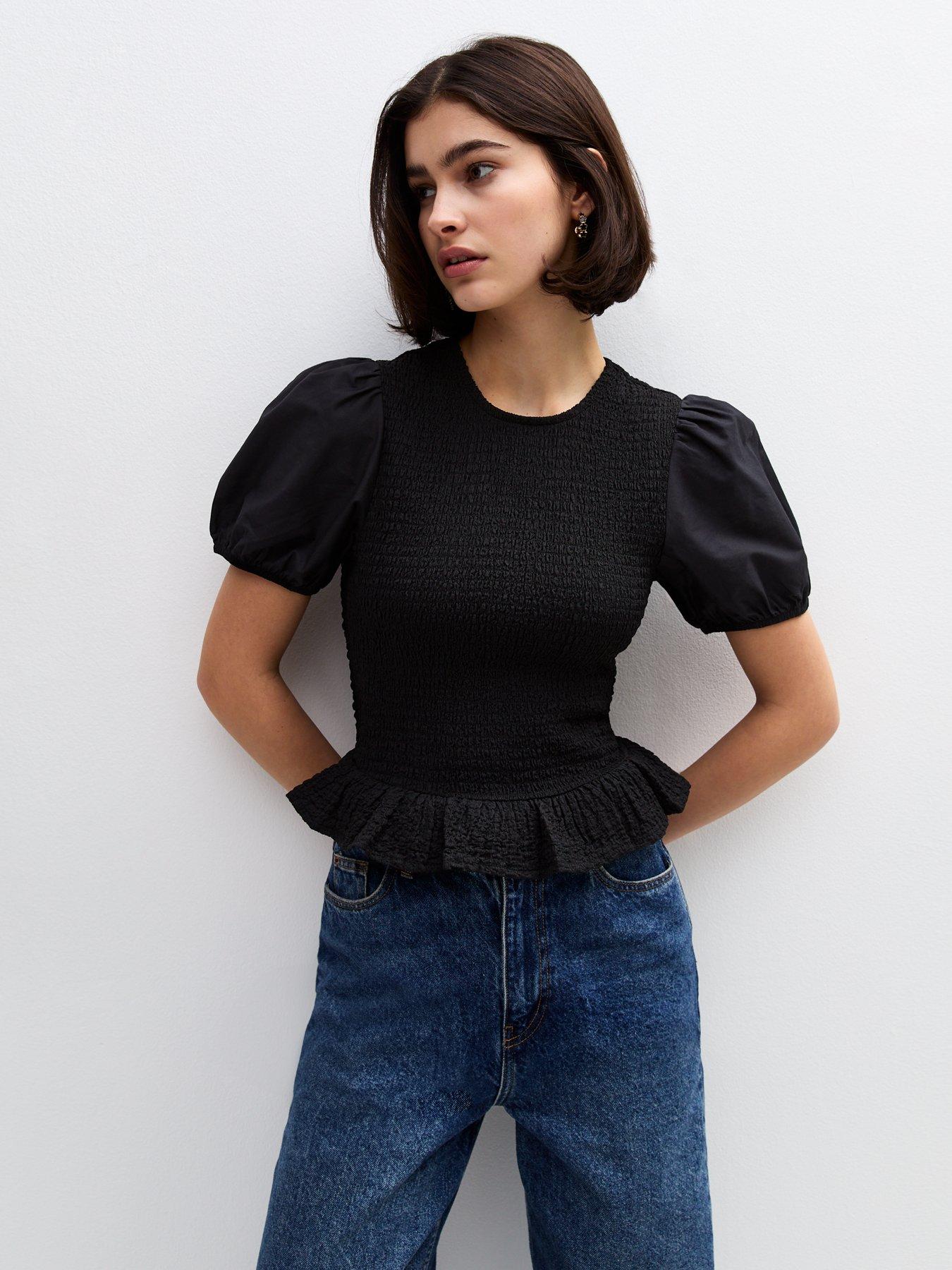 undefined Puff Sleeve Shirred Top - Black