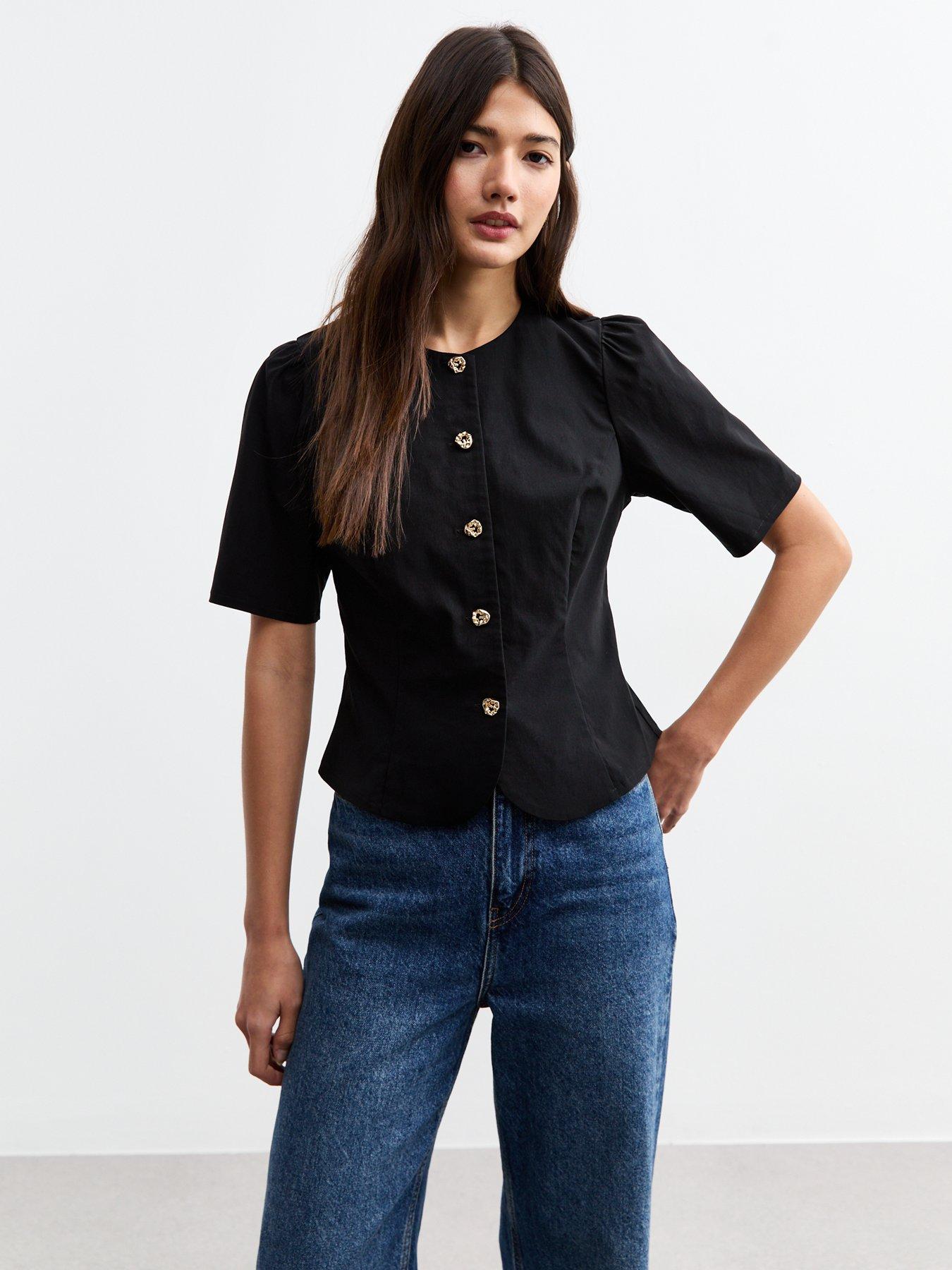 undefined Hammered Button Short Sleeve Top - Black