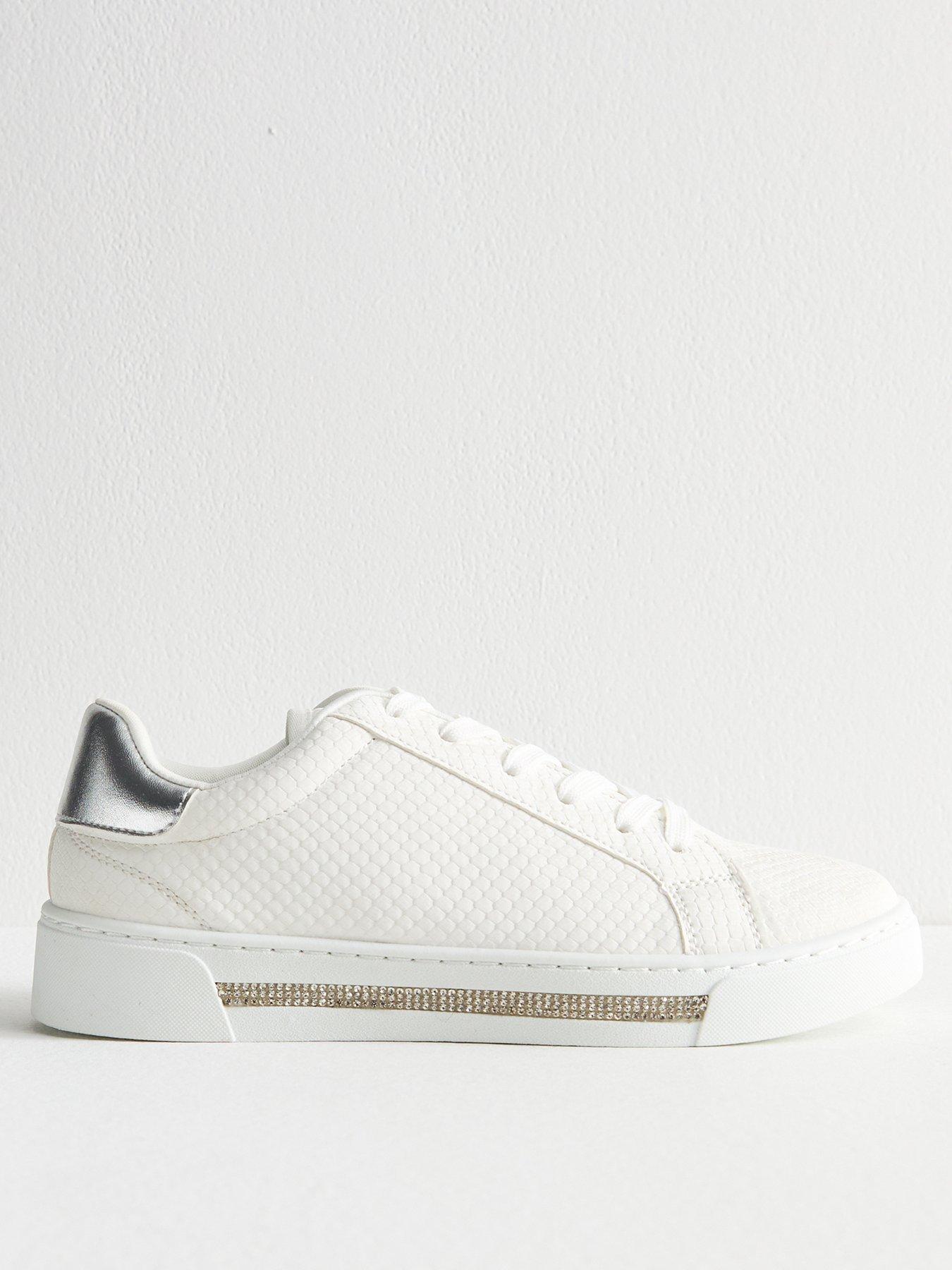 New Look White Faux Leather Diamanté Trim Trainers