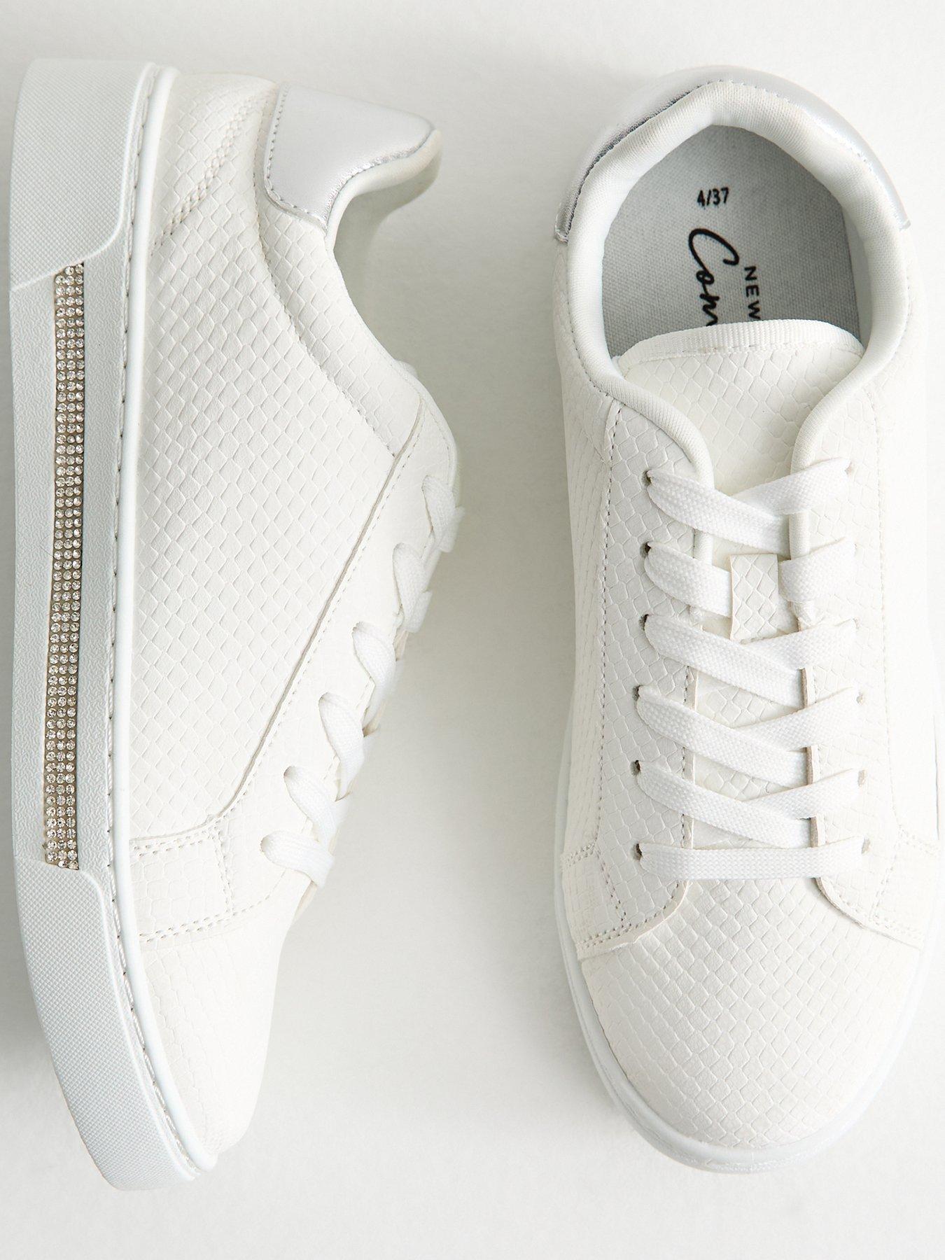 New Look White Faux Leather Diamanté Trim Trainers Very