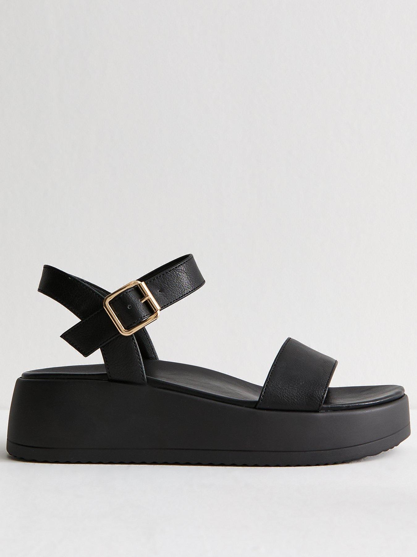 undefined Grained Faux Leather Flatform Sandals - Black