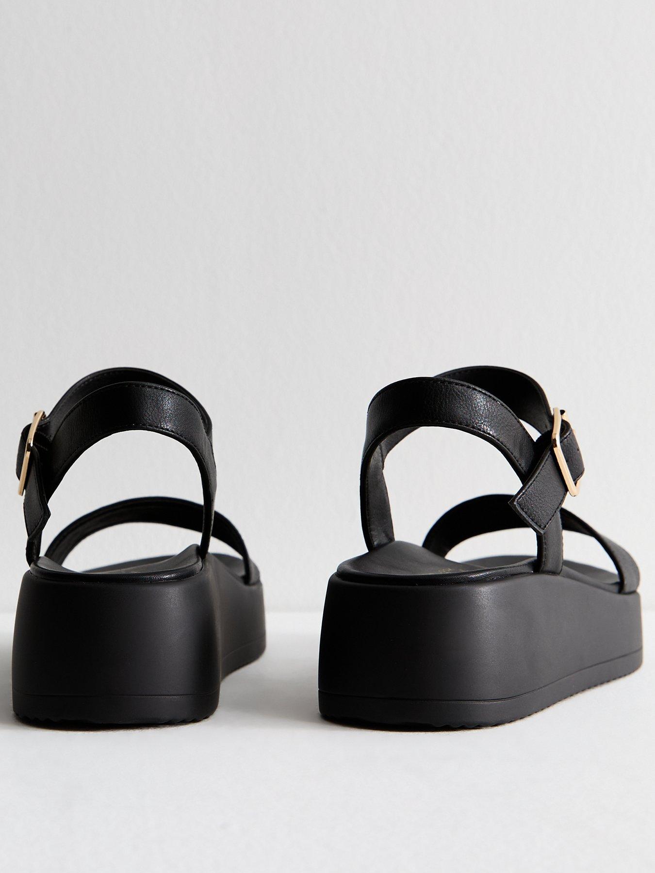Image 2 of 6 of New Look Grained Faux Leather Flatform Sandals - Black