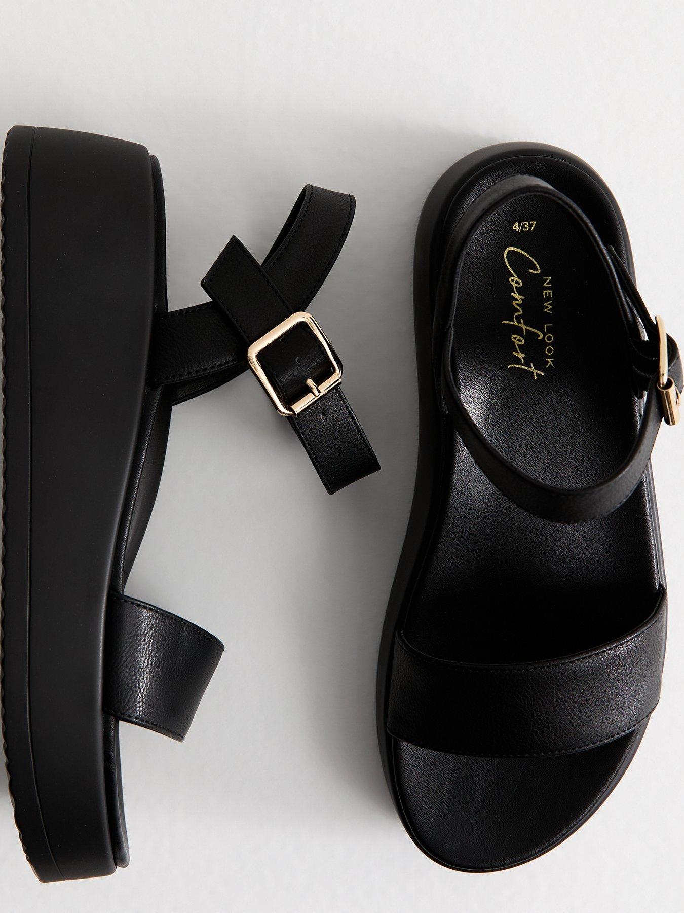 Image 3 of 6 of New Look Grained Faux Leather Flatform Sandals - Black