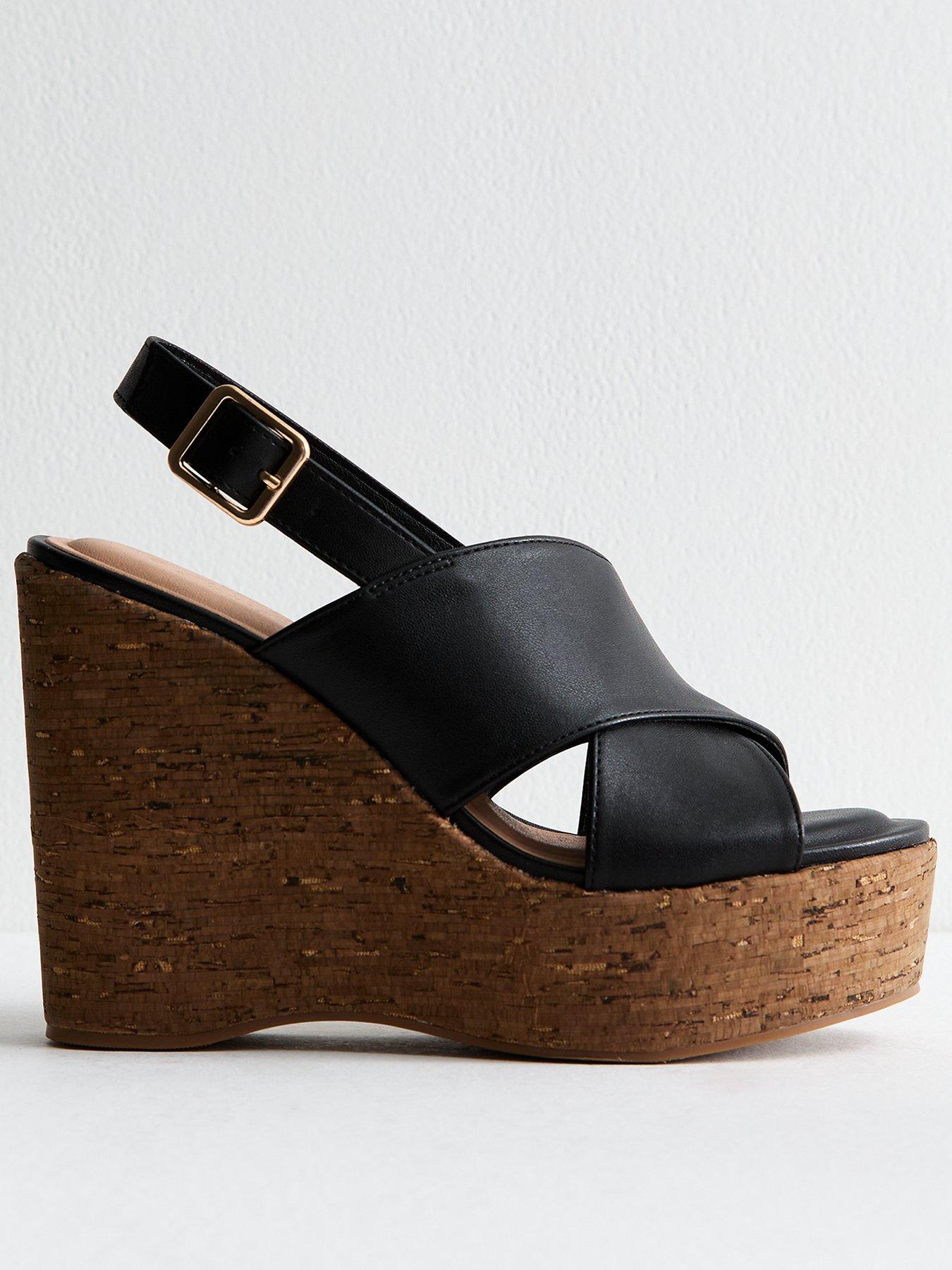 undefined Faux Leather Cork Wedge Sandals - Black