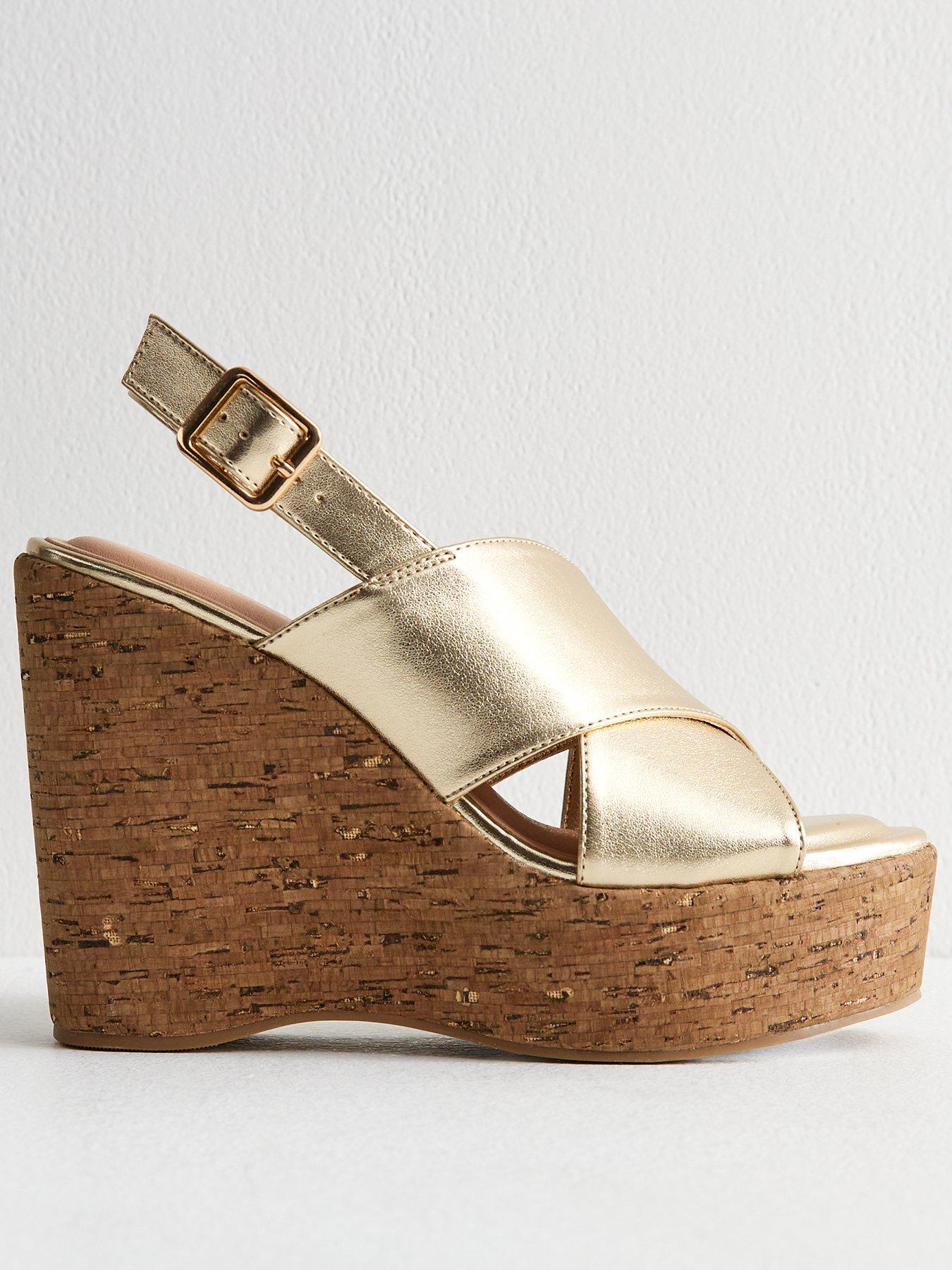 undefined Faux Leather Cork Wedge Sandals - Gold