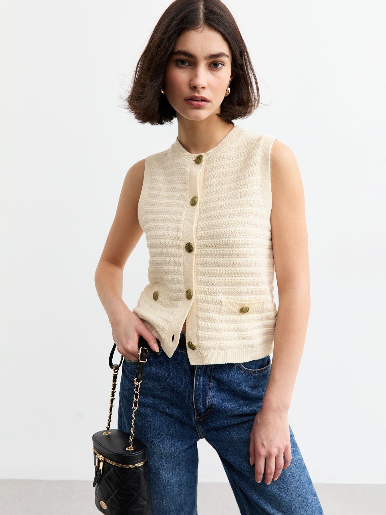 undefined Cream Textured Knit Button Up Vest