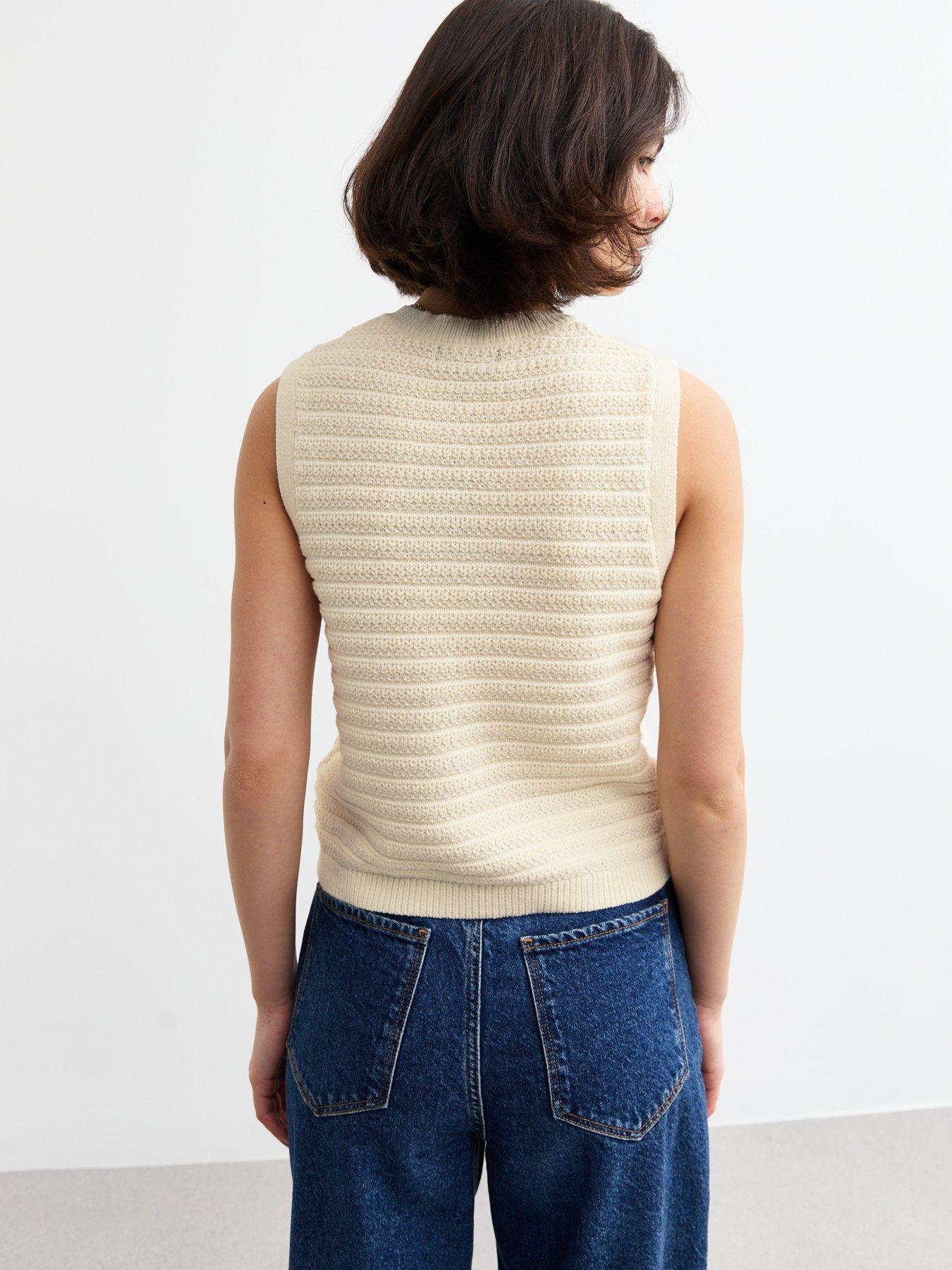 New Look Cream Textured Knit Button Up Vest Very