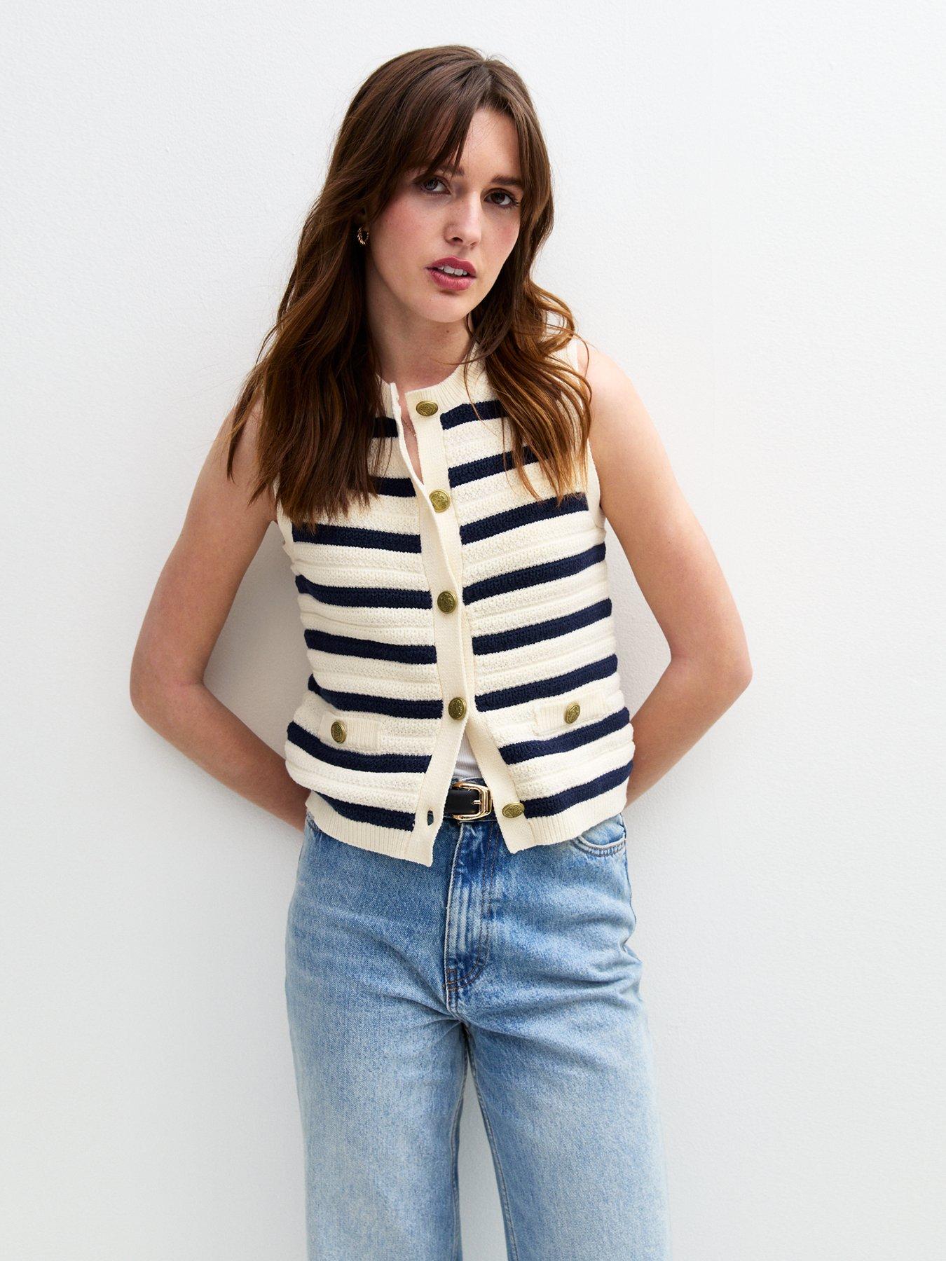 Image 1 of 6 of New Look Cream Striped Knitted Button Up Vest