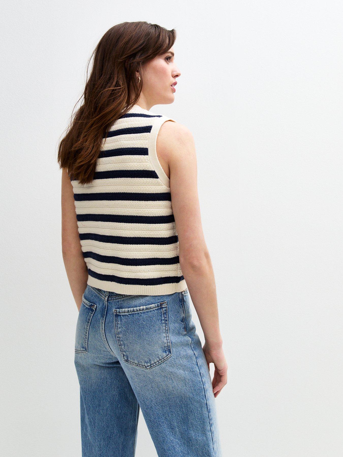 Image 2 of 6 of New Look Cream Striped Knitted Button Up Vest