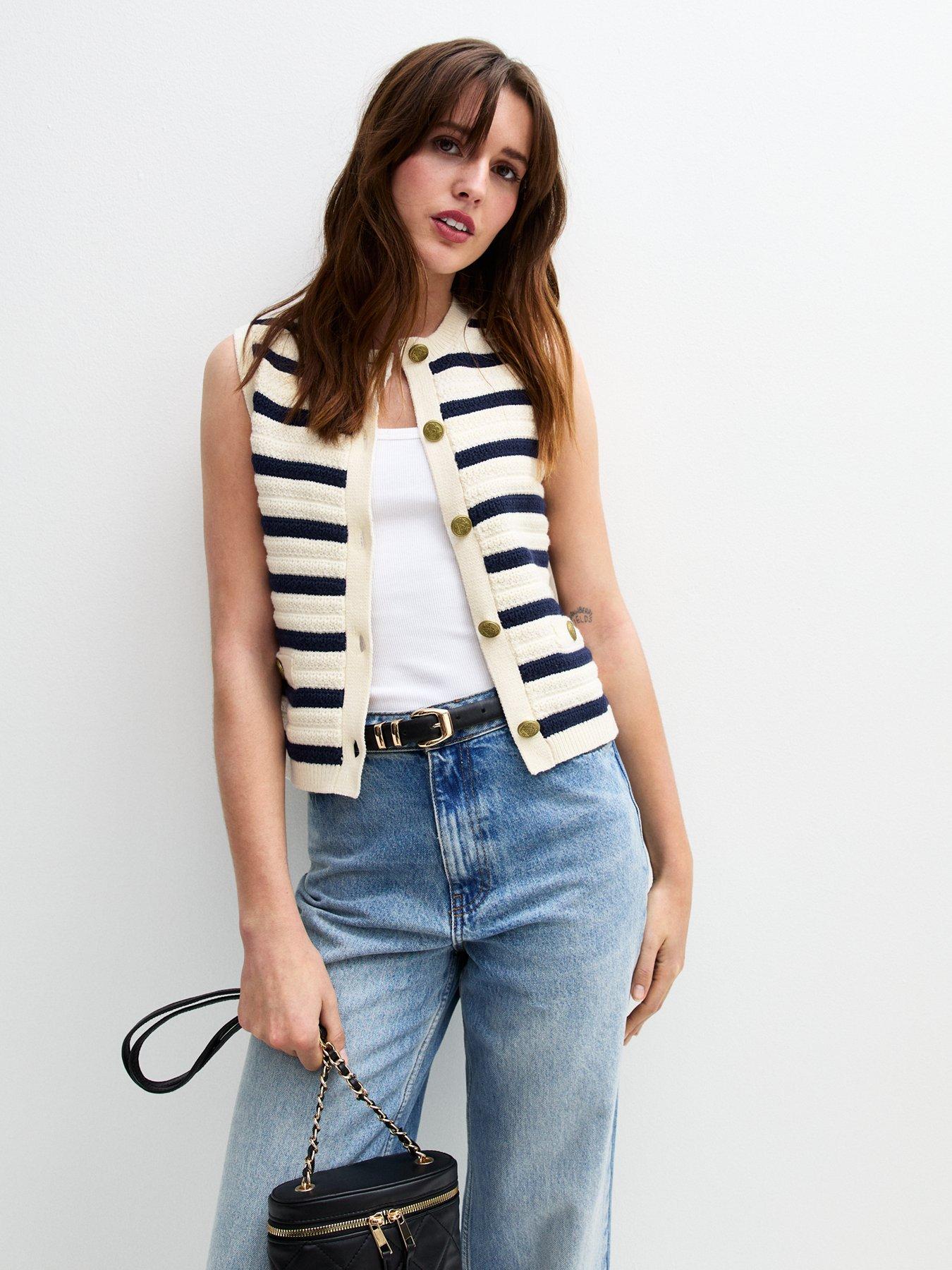 Image 5 of 6 of New Look Cream Striped Knitted Button Up Vest