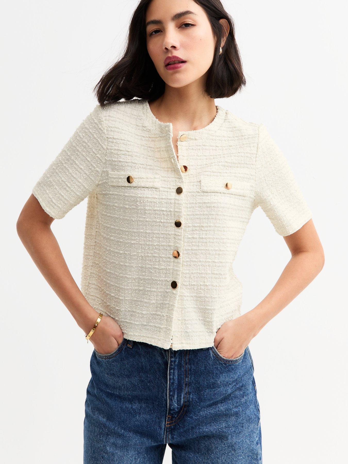undefined Cream Textured Button Up Top
