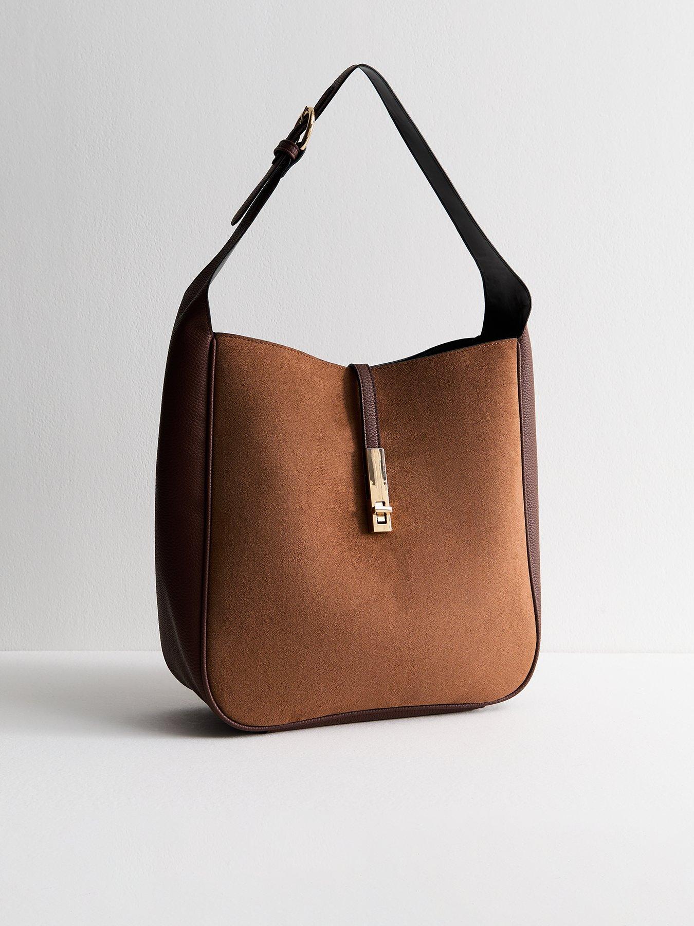 undefined Brown Panelled Faux Suede Hobo Bag