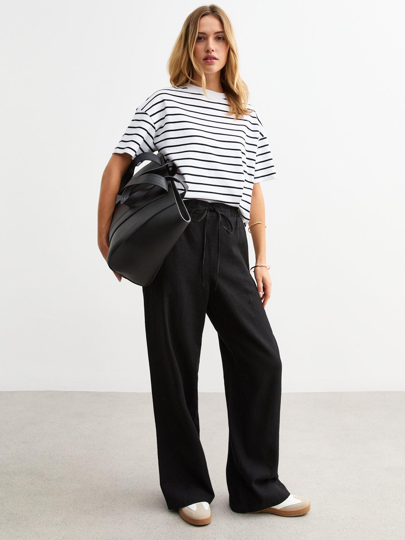 undefined Linen Blend Drawstring Waist Trousers - Black
