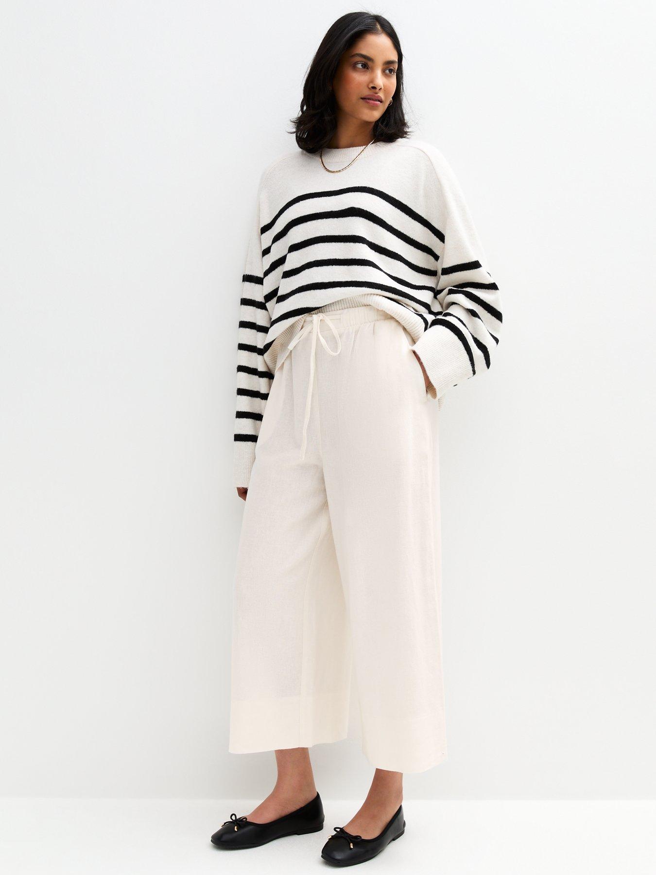 undefined White Linen Blend Cropped Trousers