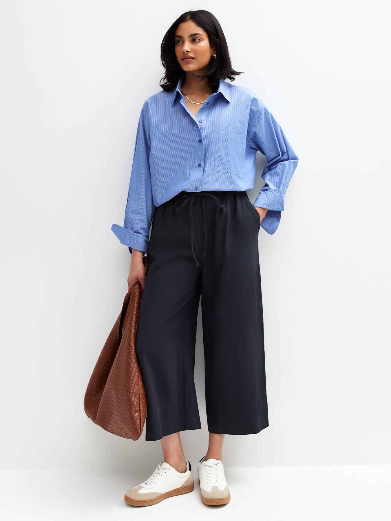 undefined Navy Linen Blend Cropped Trousers