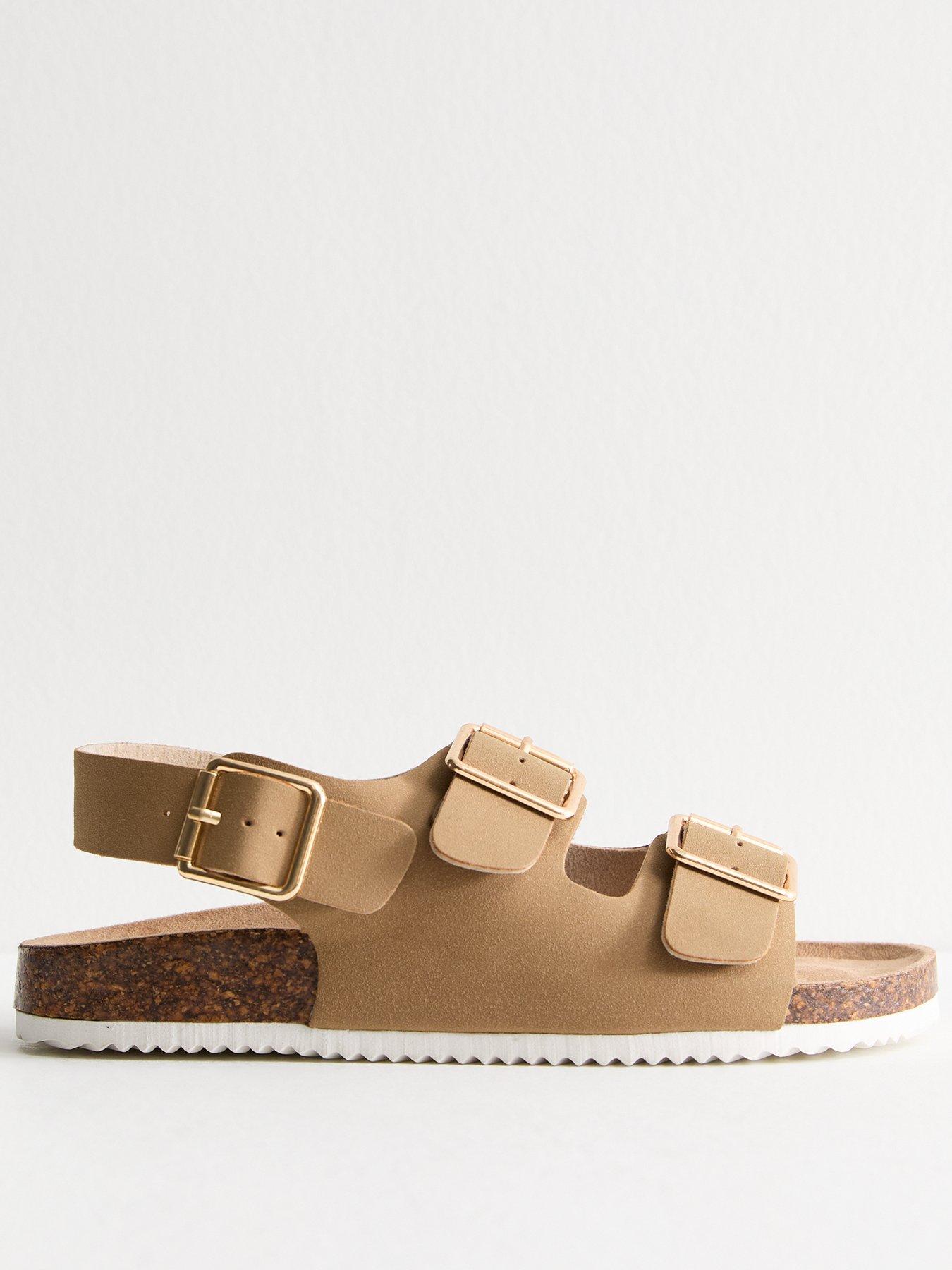 undefined Wide Fit Camel Buckled Flat Sandals