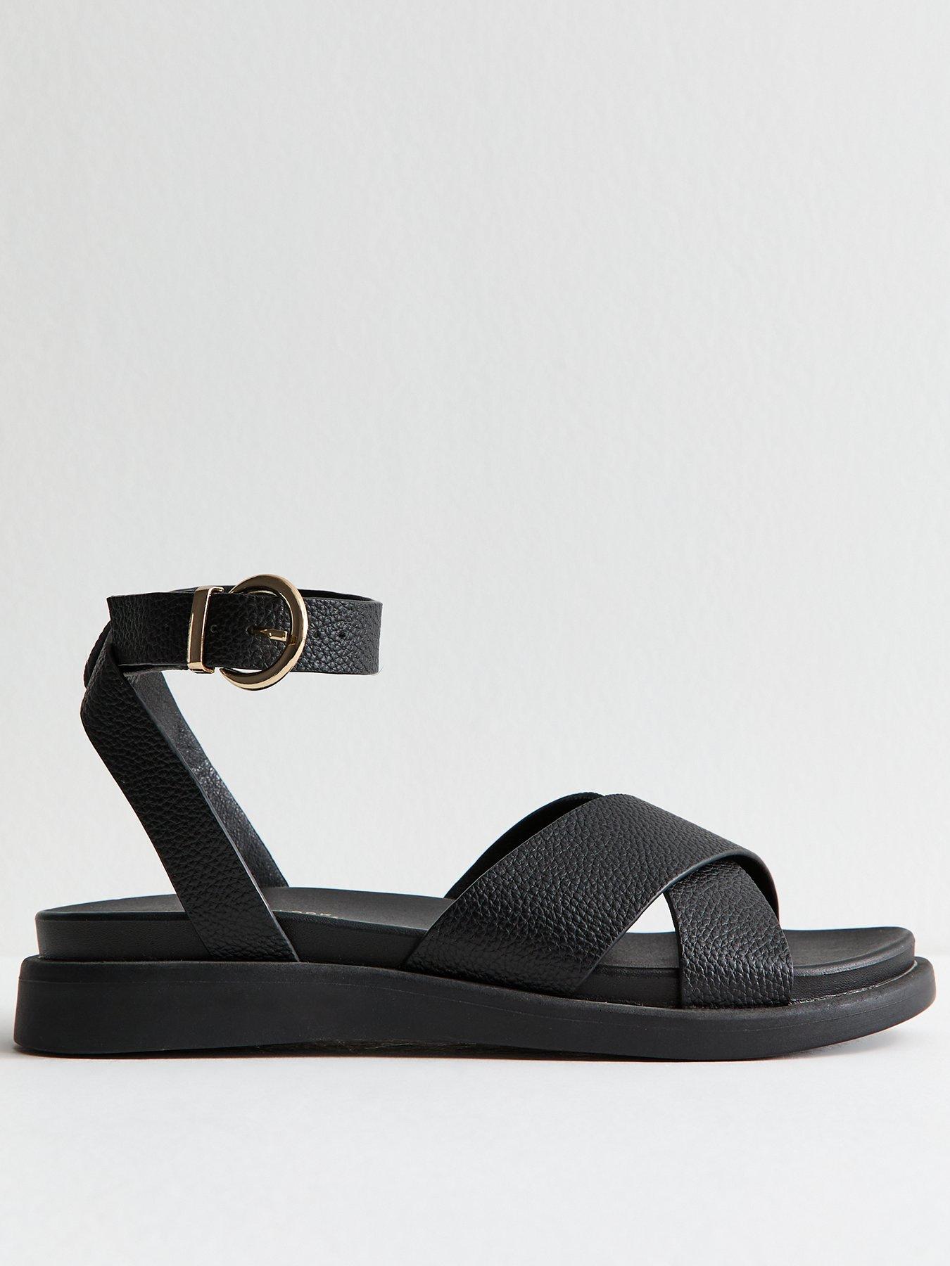 undefined Wide Fit Faux Leather Crossover Strap Sandals - Black