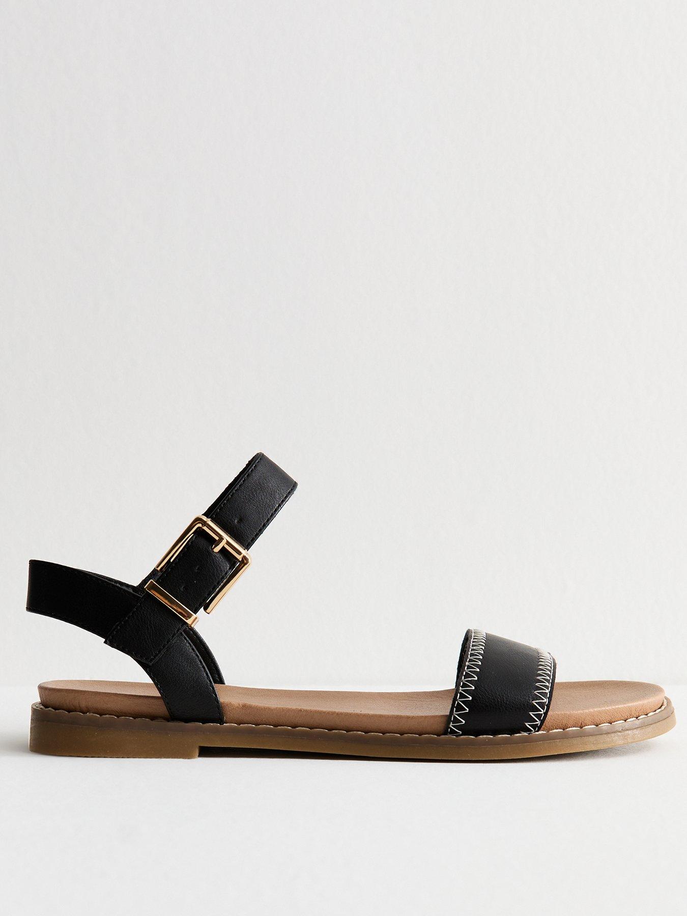 Image 1 of 6 of New Look Black Stitch Detail Open Toe Sandals