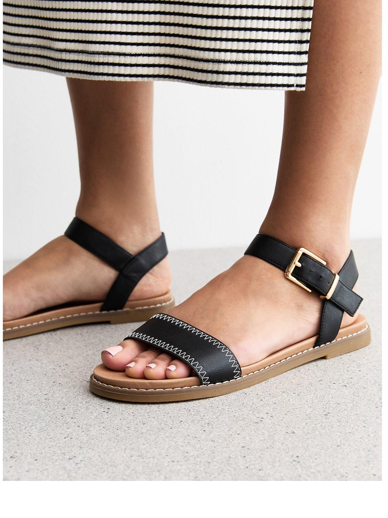 Image 2 of 6 of New Look Black Stitch Detail Open Toe Sandals