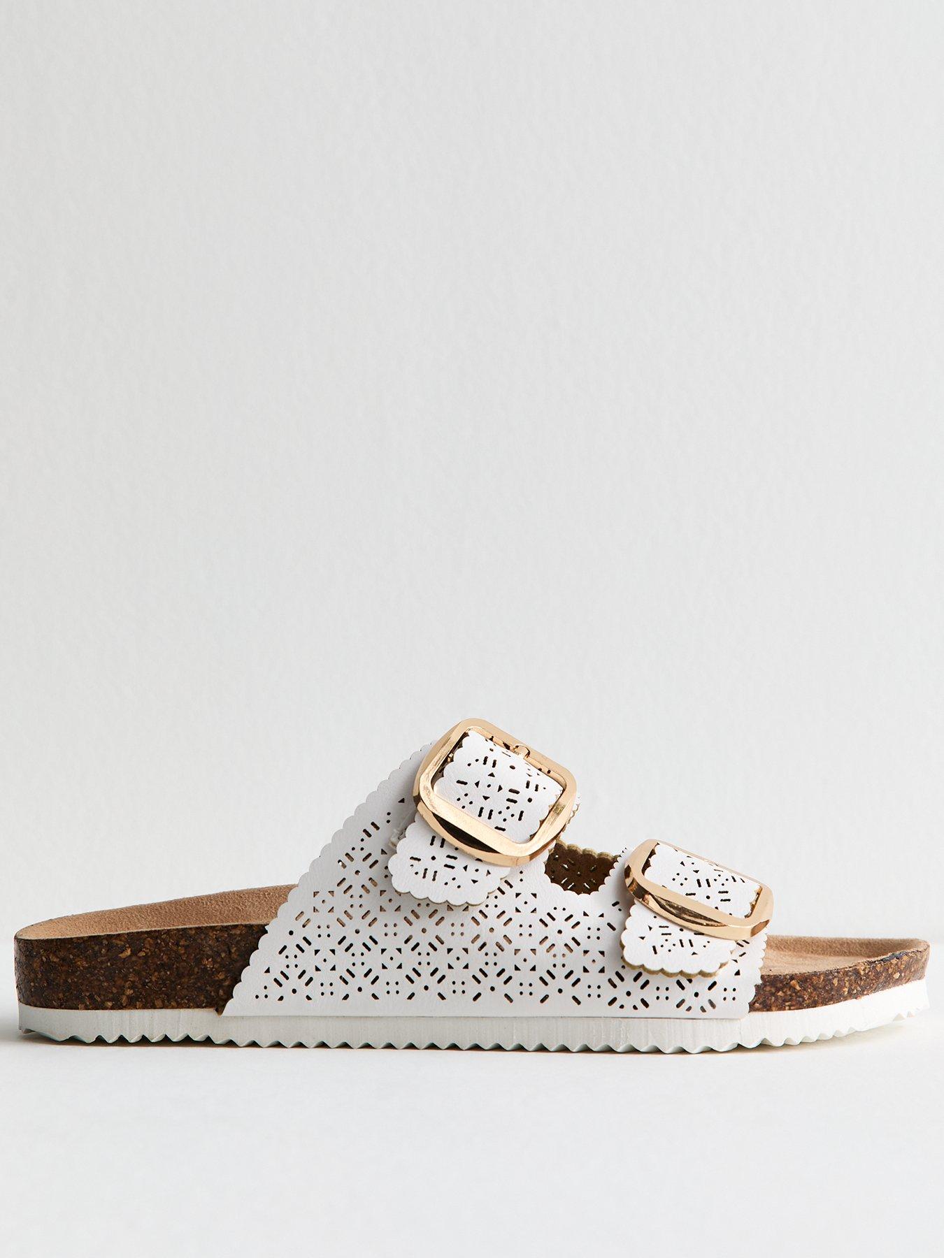 undefined Laser Cut Faux Leather Sandals - White