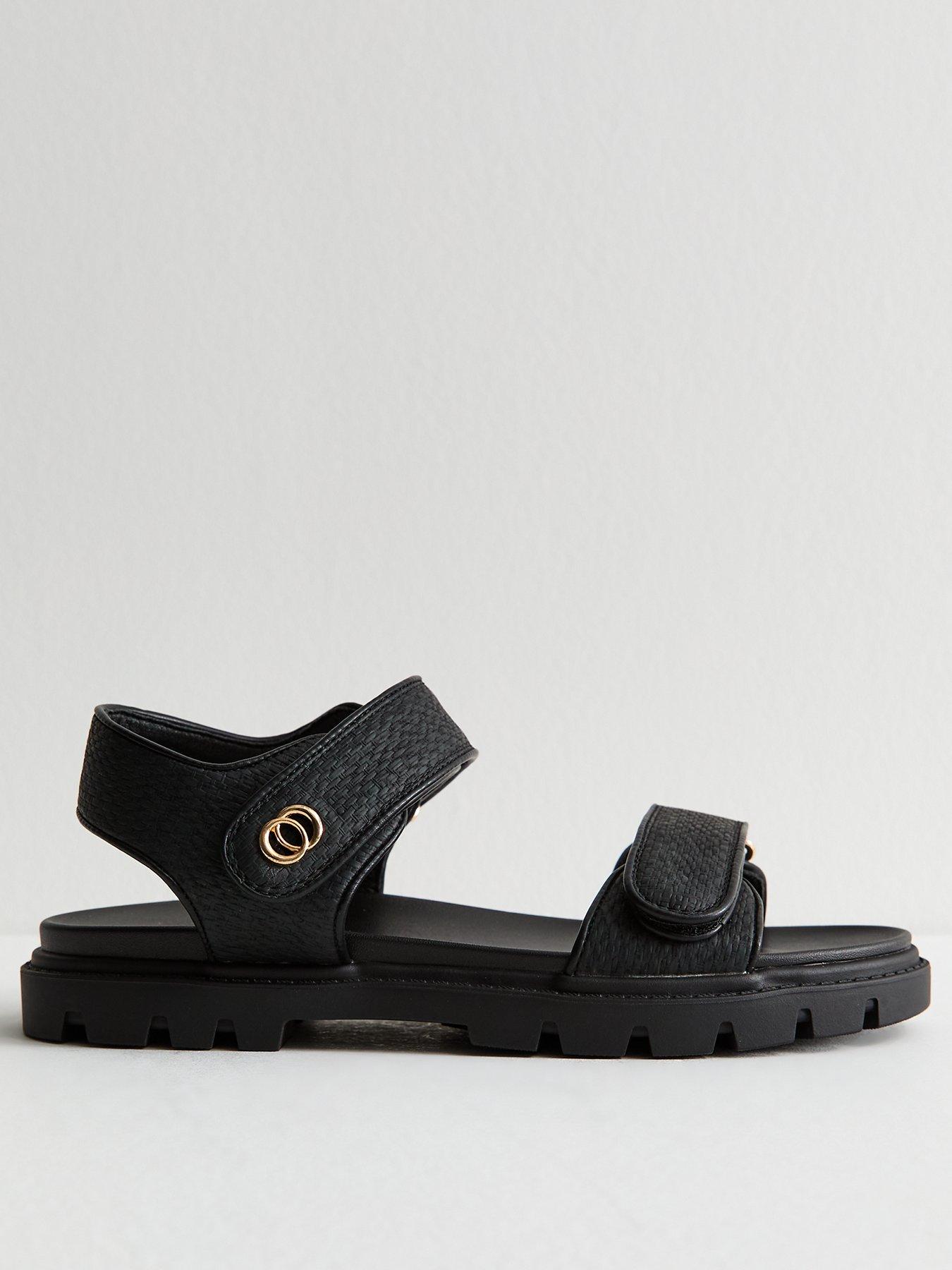 undefined Faux Leather Raffia Strap Sandals - Black