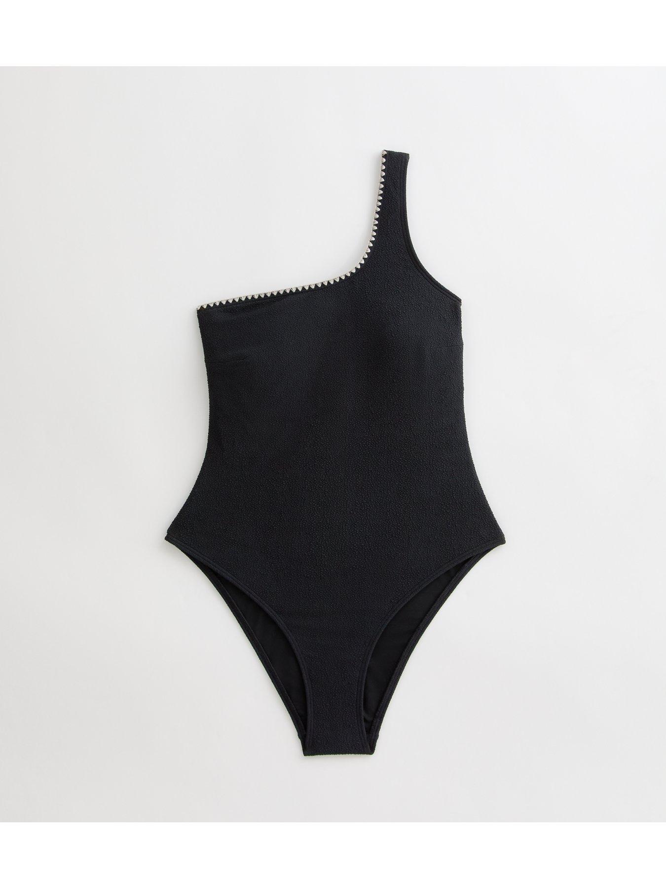 Image 5 of 5 of New Look Blanket Stitch One Shoulder Swimsuit - Black