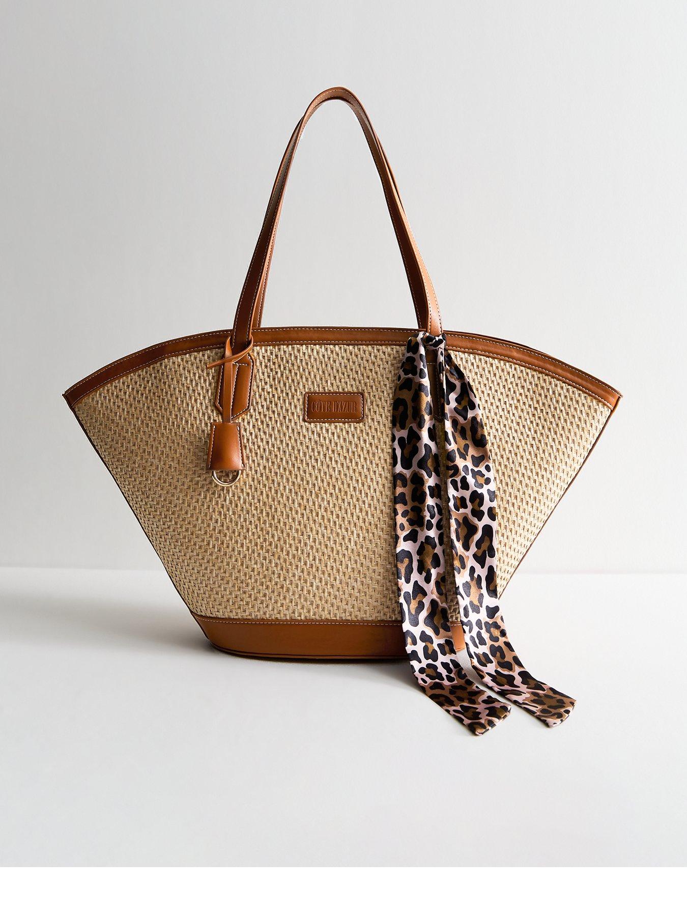 undefined Stone Faux Leather Trimmed Raffia Look Tote Bag