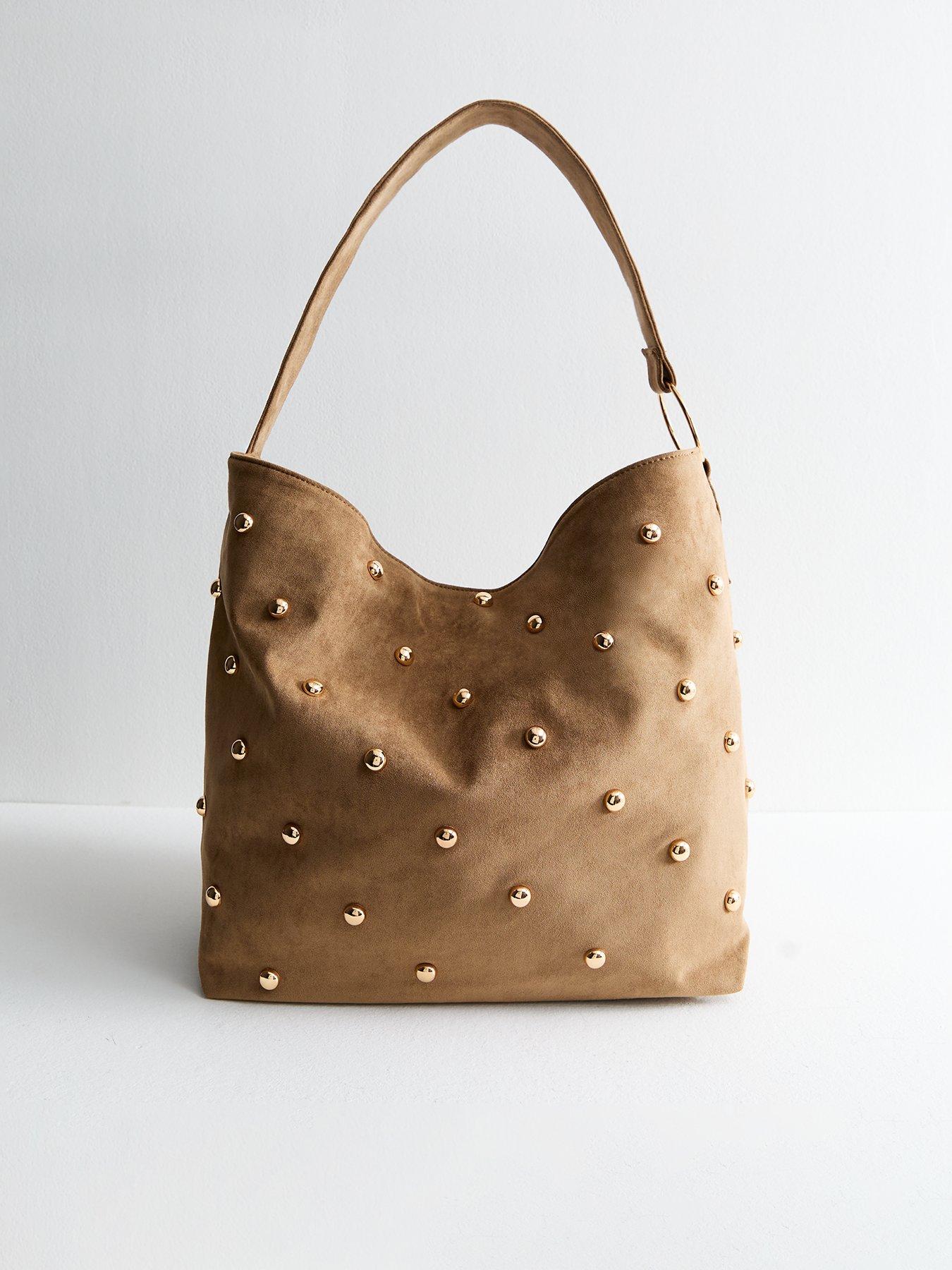 undefined Tan Faux Suede Studded Shoulder Bag - Brown