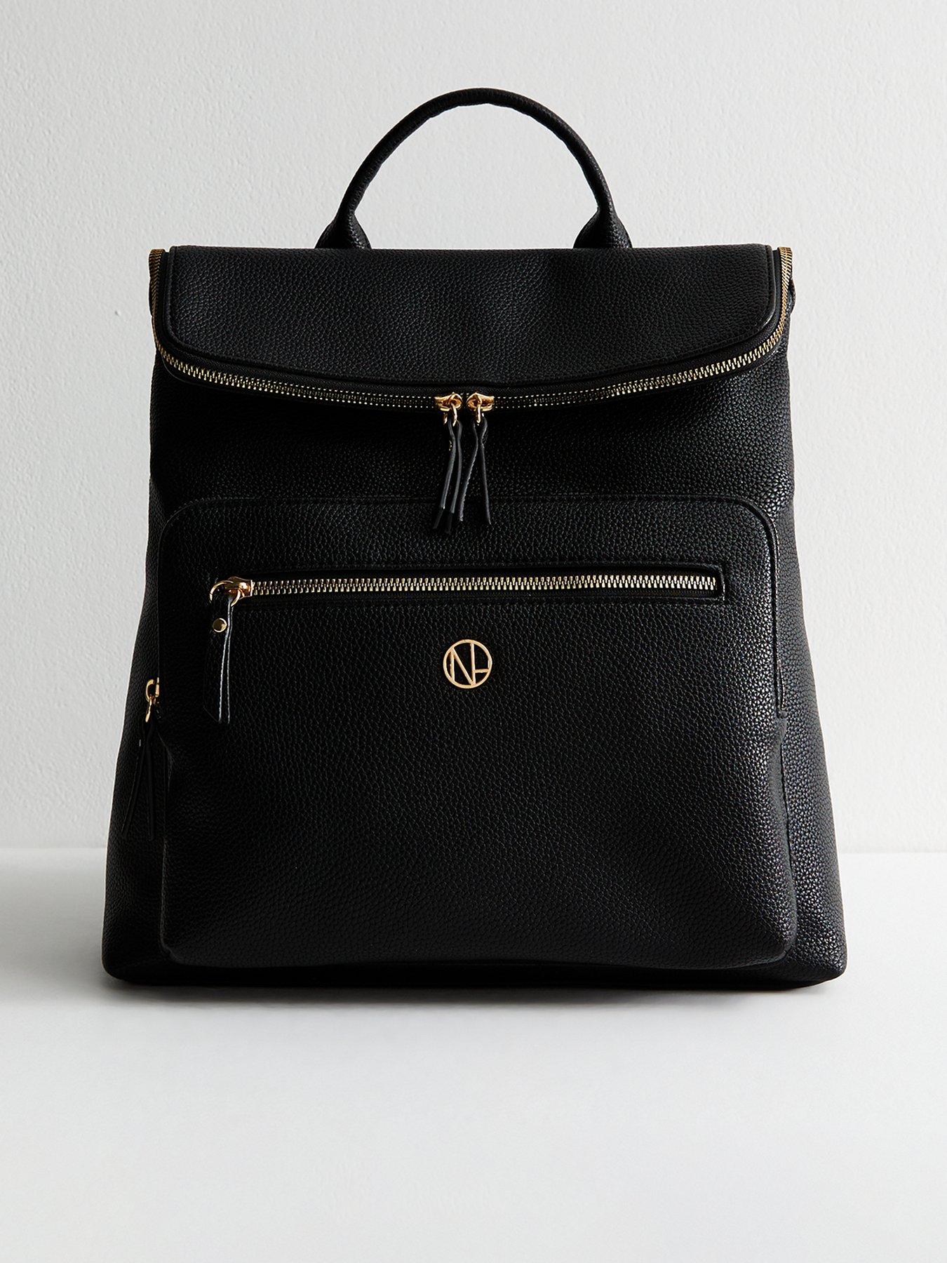 undefined Black Faux Leather Logo Plaque Zip Top Backpack