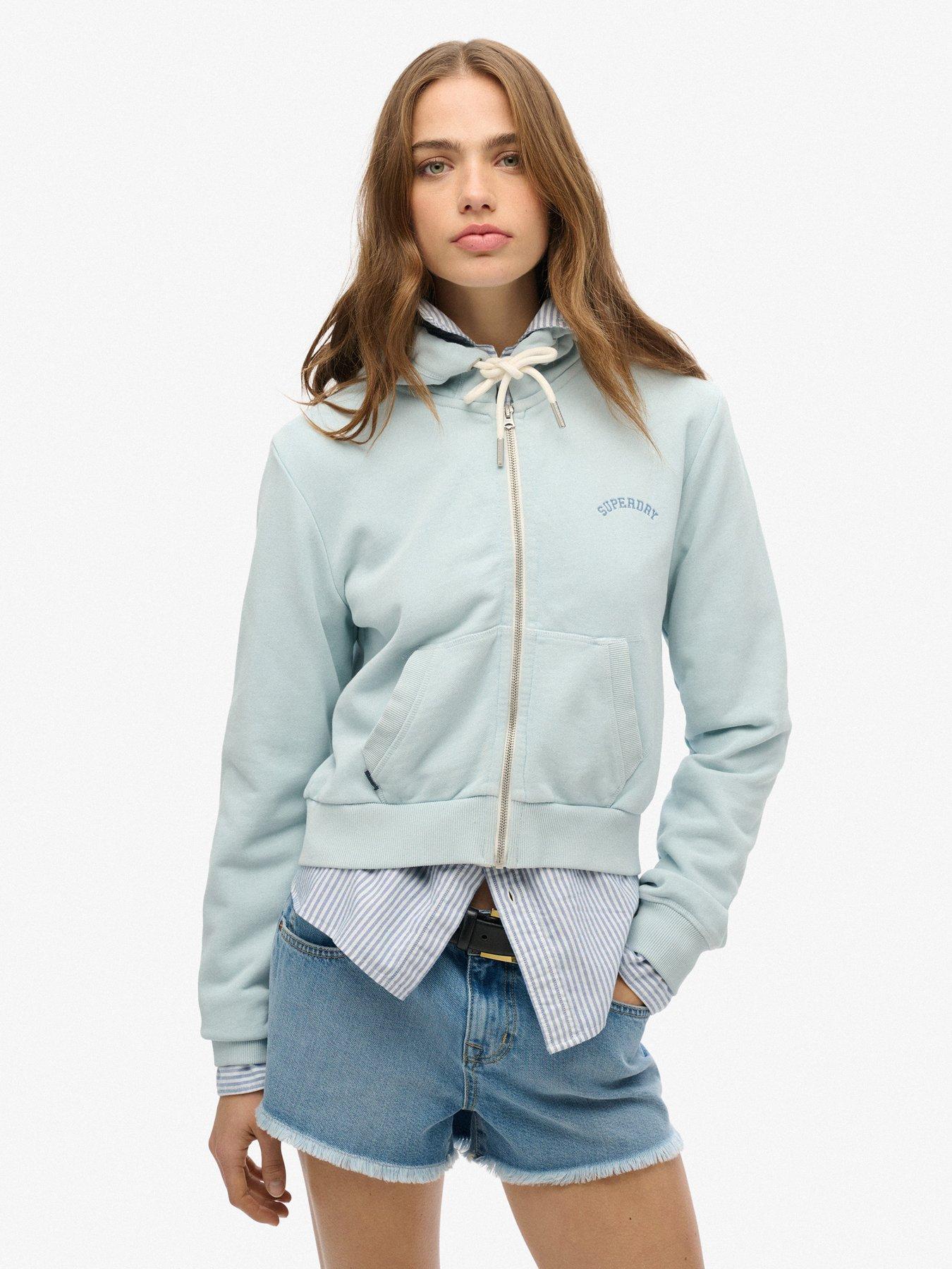 Superdry Essential Logo Cropped Zip Hoodie, Blue, Size 8, Women