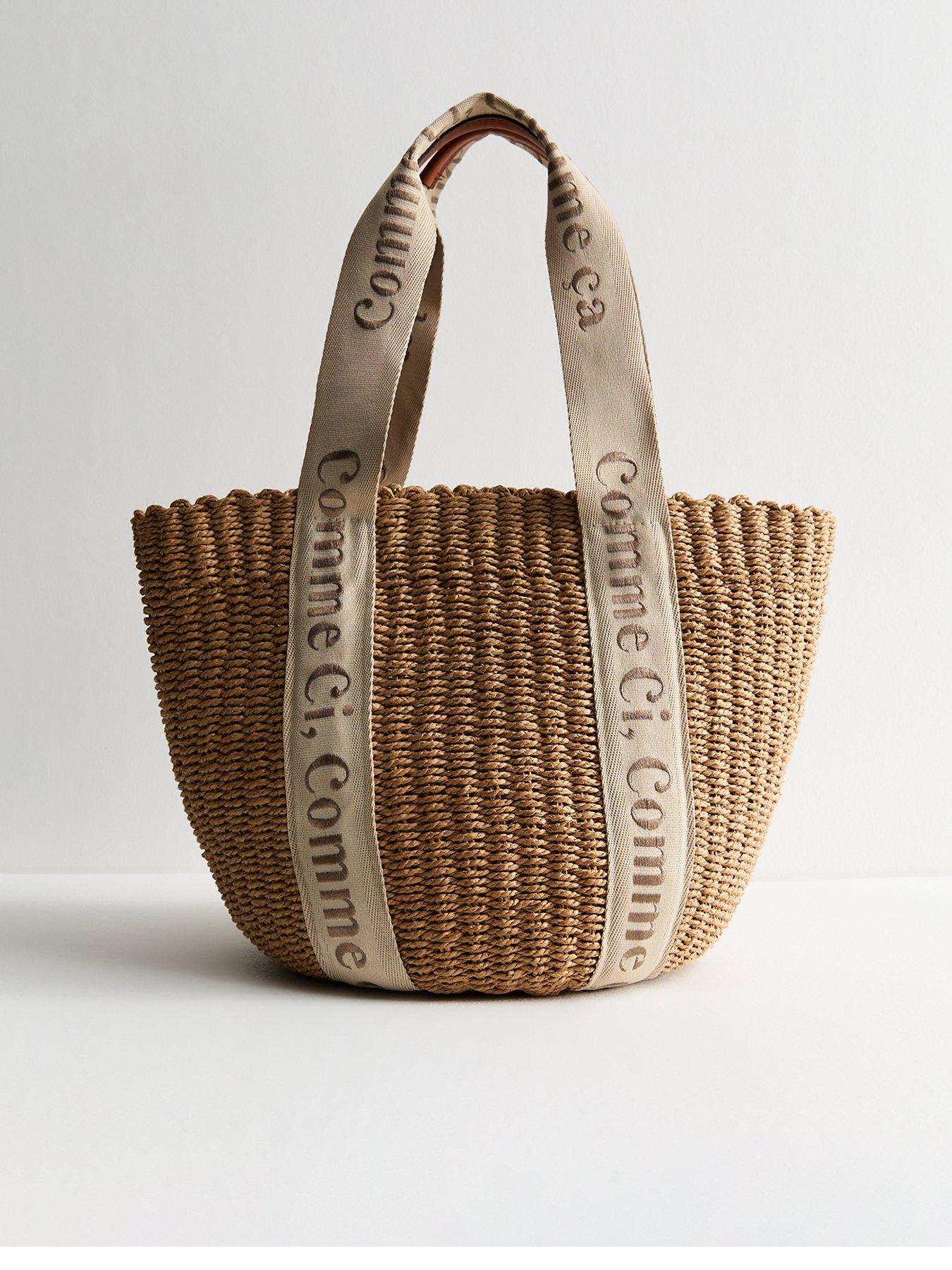 undefined Stone Woven Basket Tote Bag