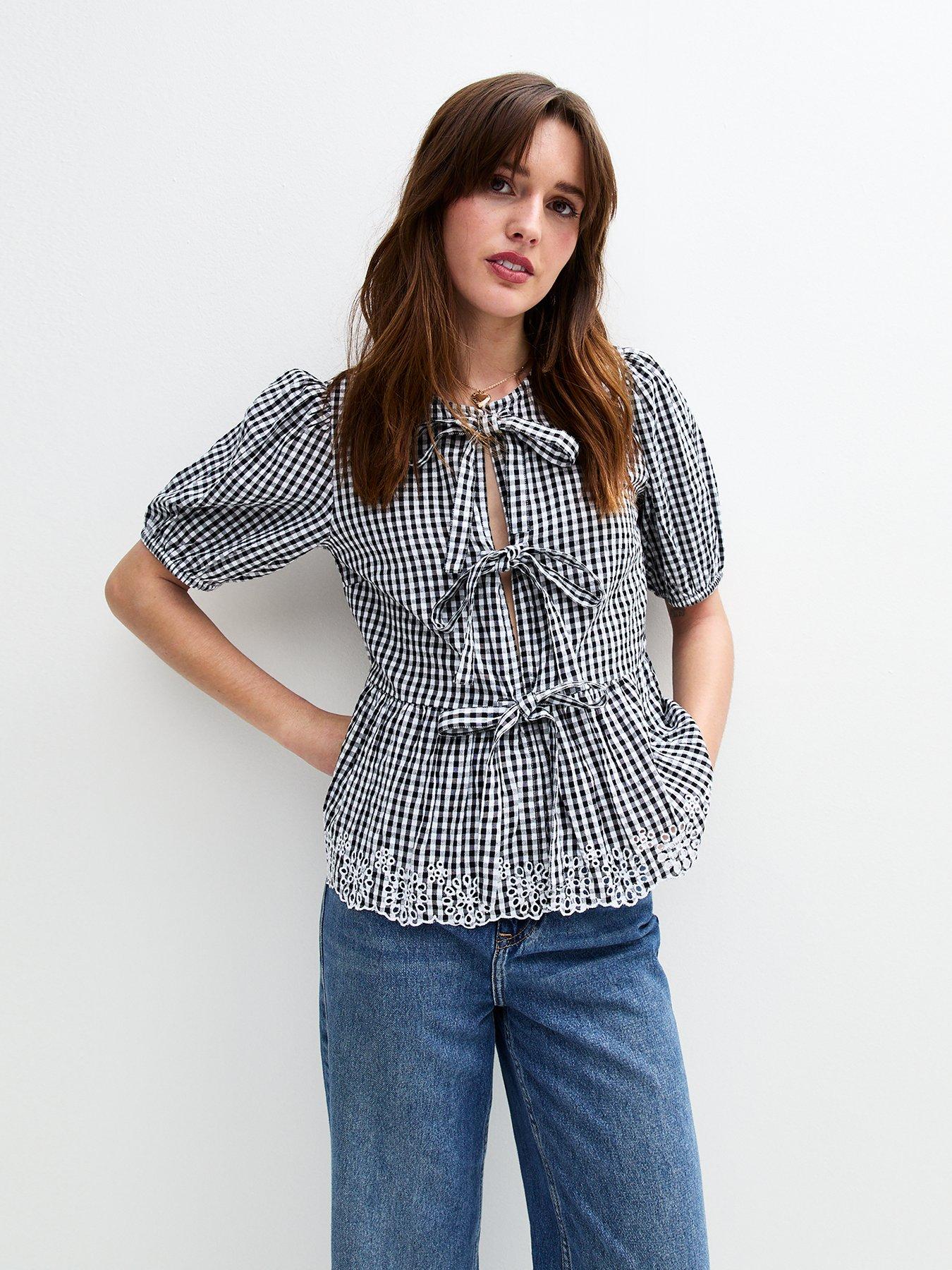 undefined Gingham Broiderie Hem Tie Front Top - Black