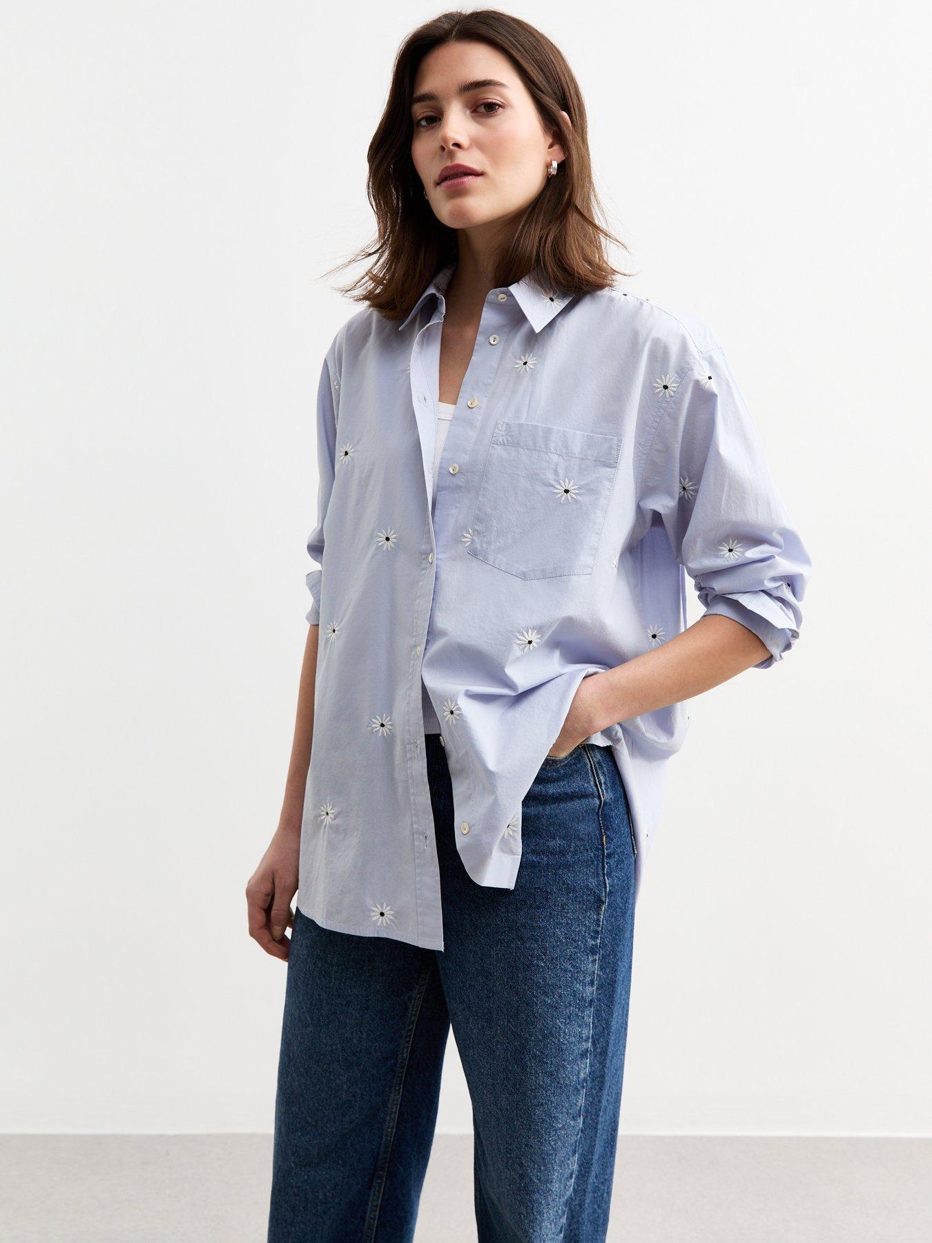 undefined Blue Daisy Embroidered Cotton Shirt